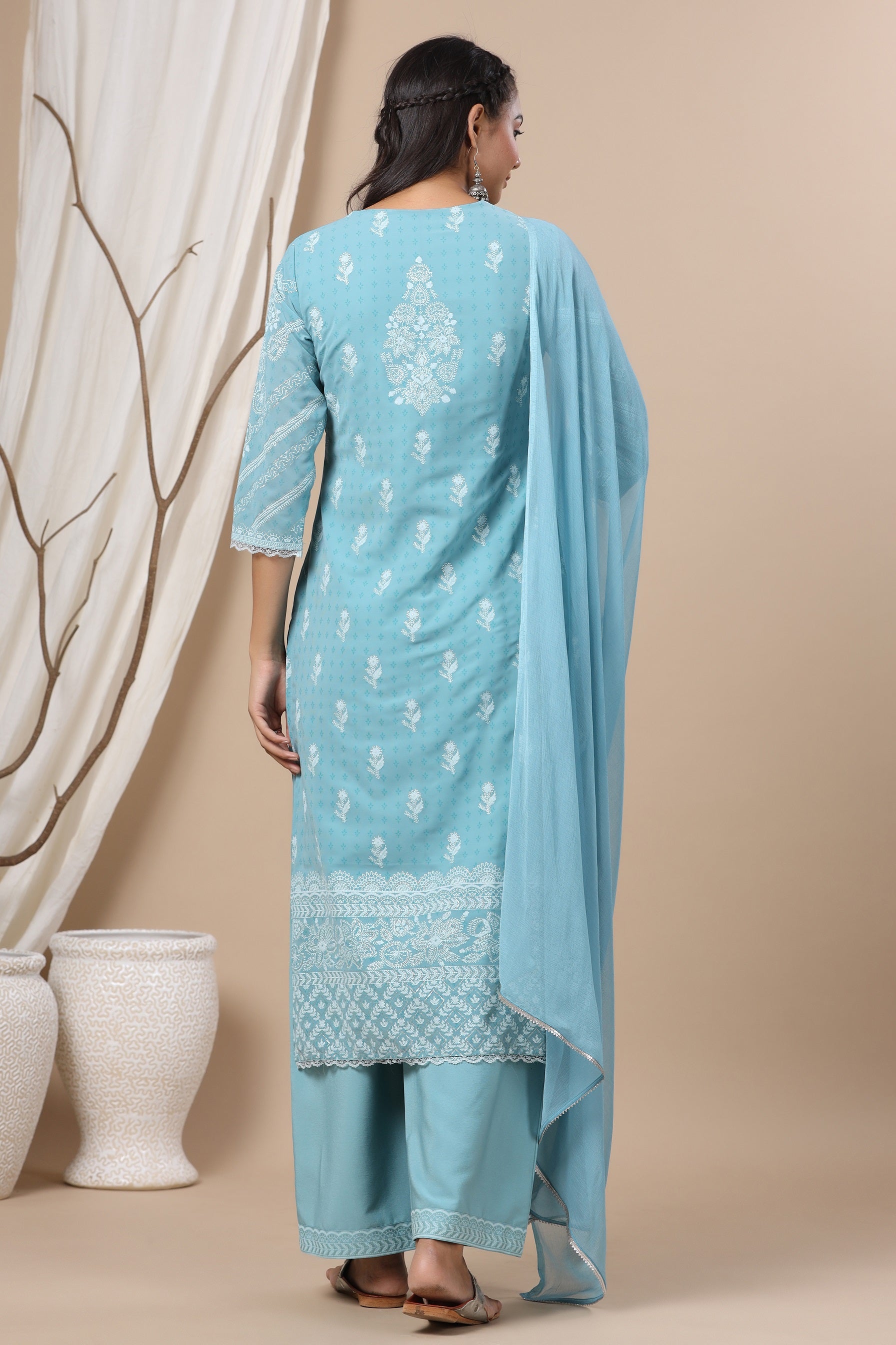 Juniper Women`s Blue Chiffon Printed Straight Kurta Sets