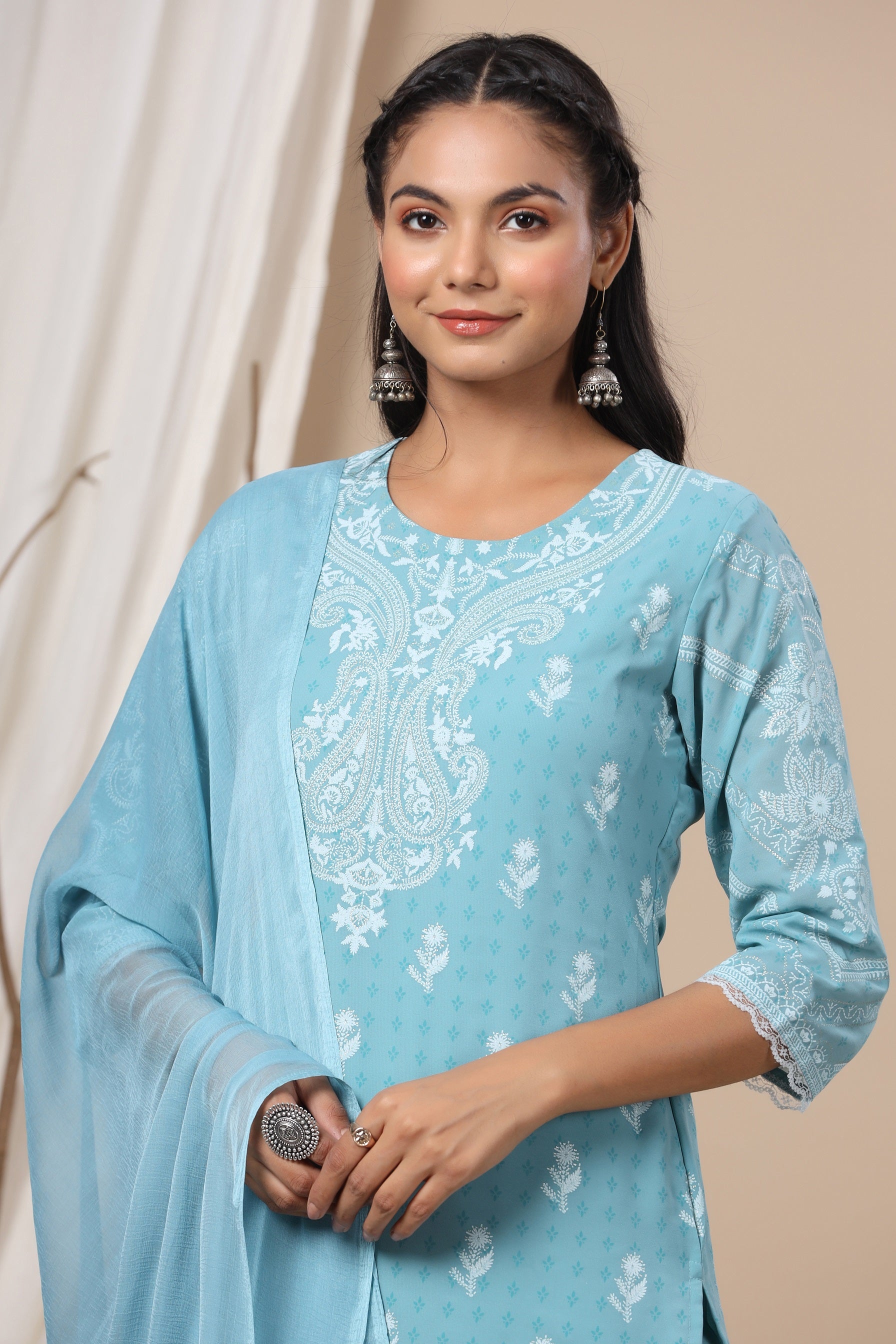 Juniper Women`s Blue Chiffon Printed Straight Kurta Sets