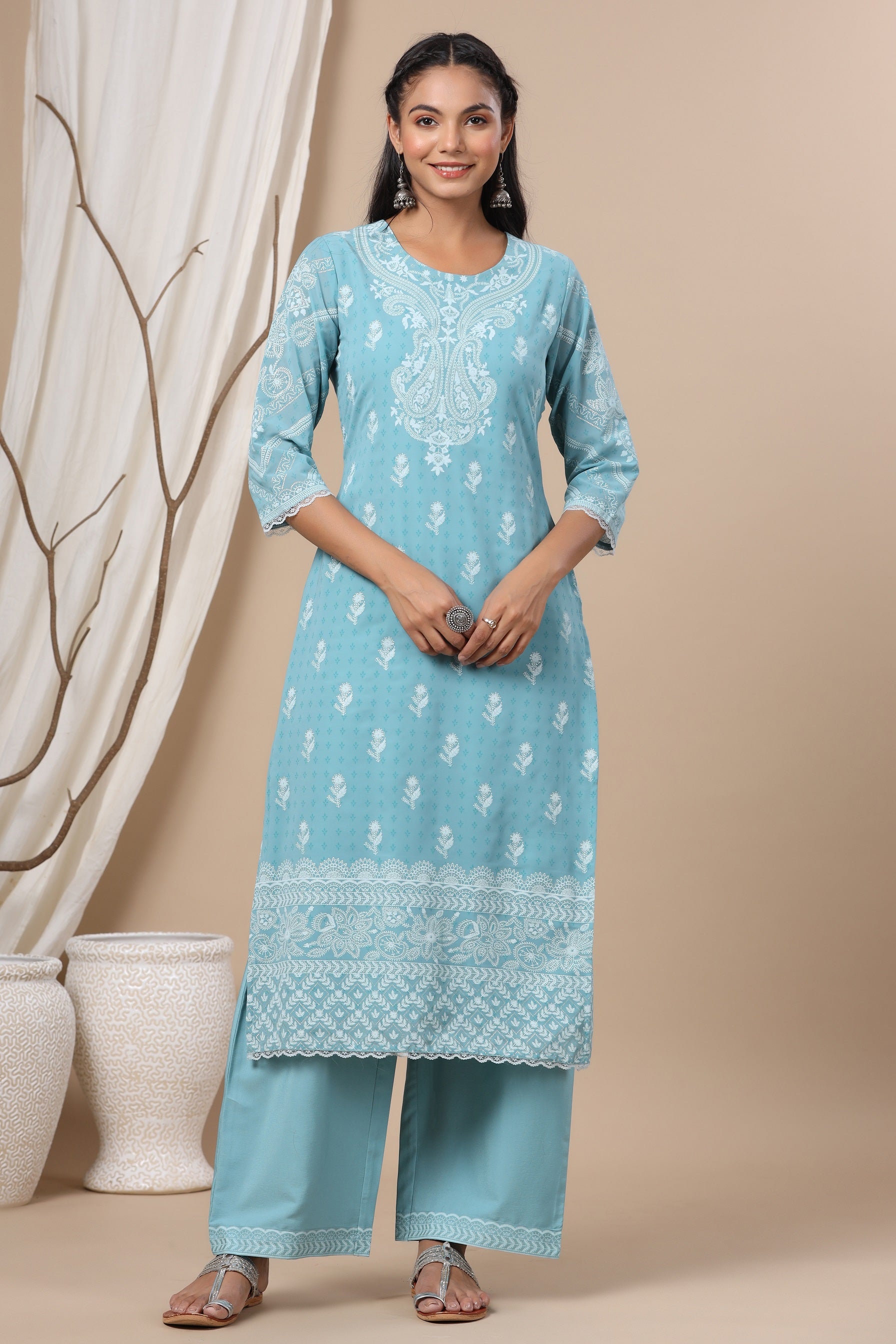 Juniper Women`s Blue Chiffon Printed Straight Kurta Sets