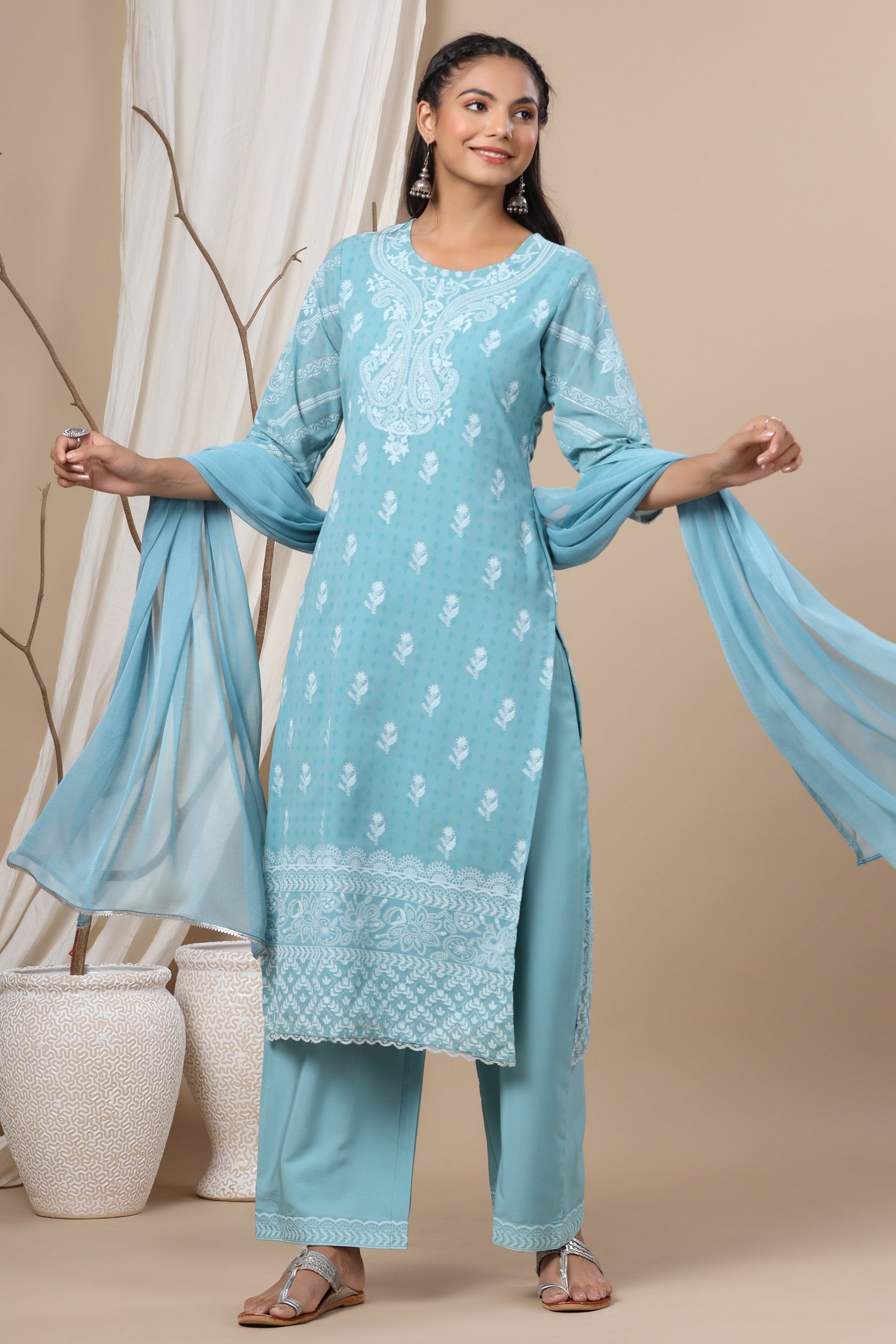 Juniper Women`s Blue Chiffon Printed Straight Kurta Sets