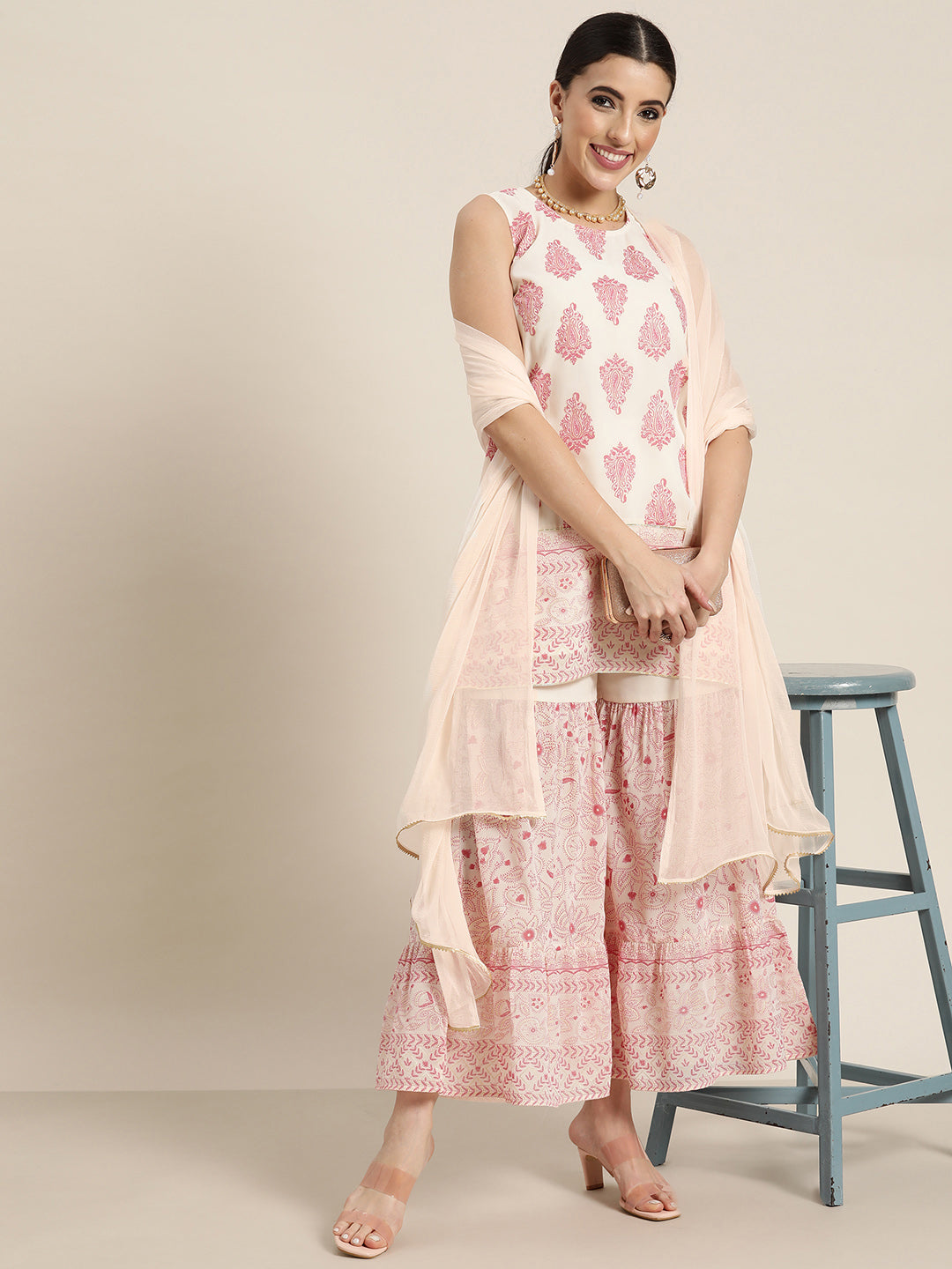 Juniper Pink & Multi Georgette Printed Straight Kurta Sharara Dupatta Set