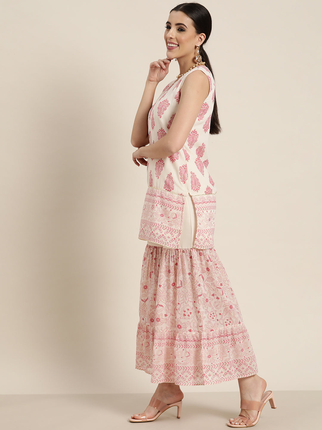 Juniper Pink & Multi Georgette Printed Straight Kurta Sharara Dupatta Set