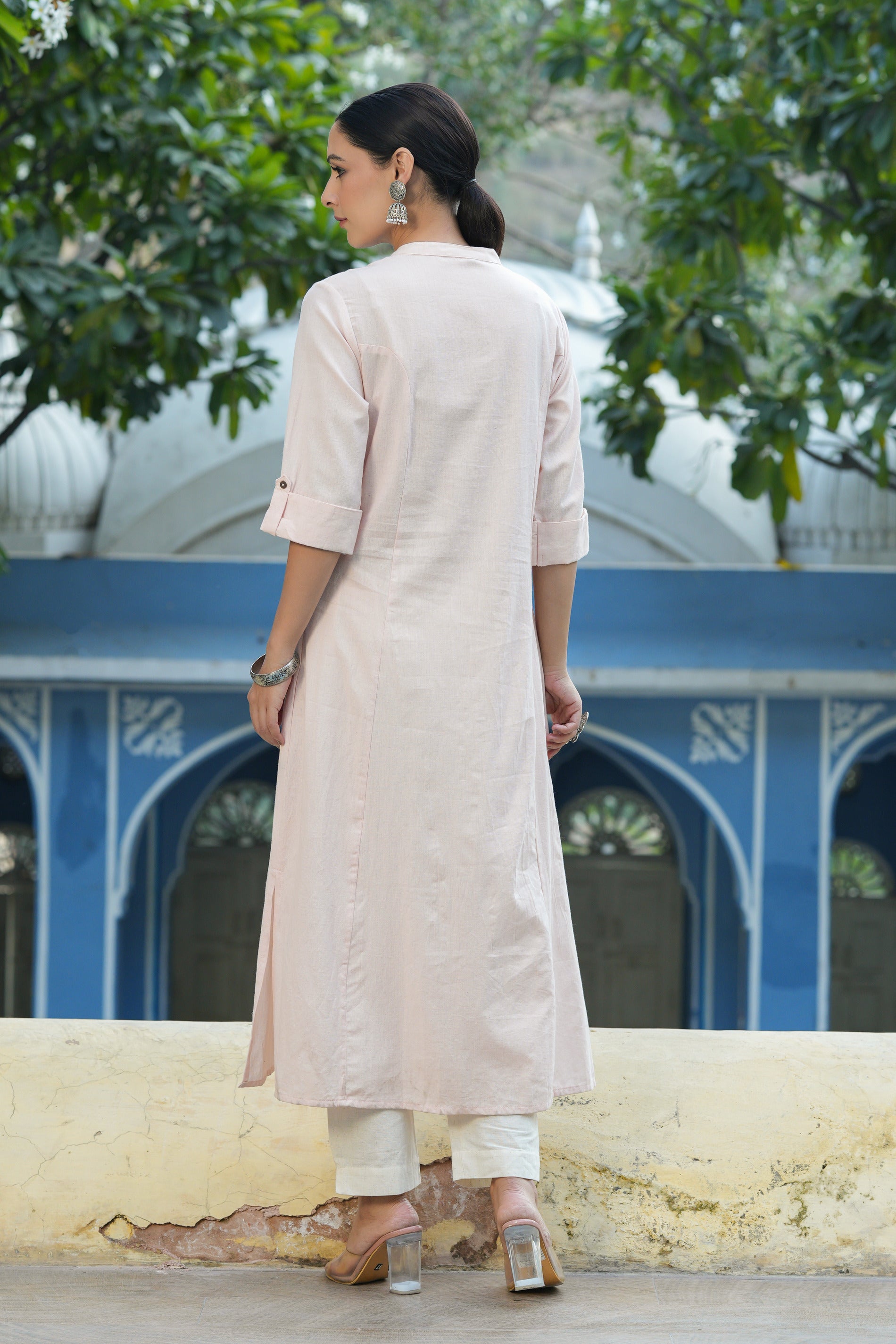 Juniper Peach Cotton Flex Solid A-Line Kurta