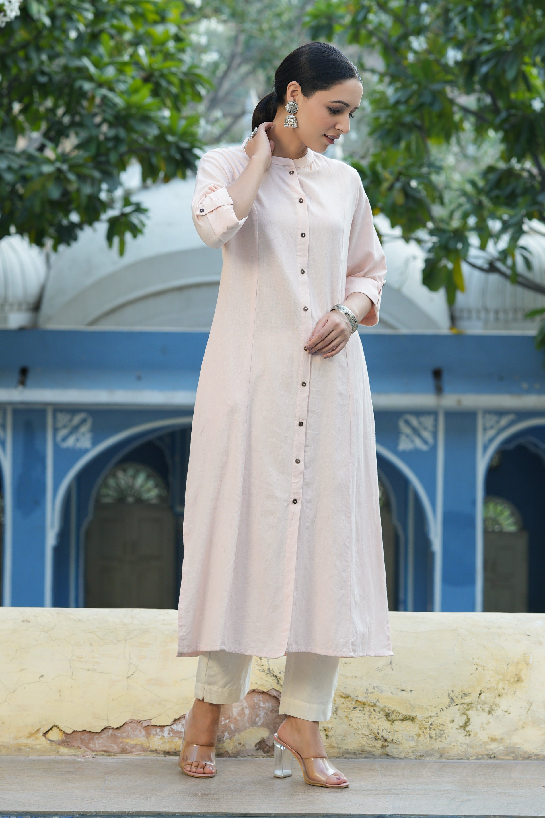 Juniper Peach Cotton Flex Solid A-Line Kurta
