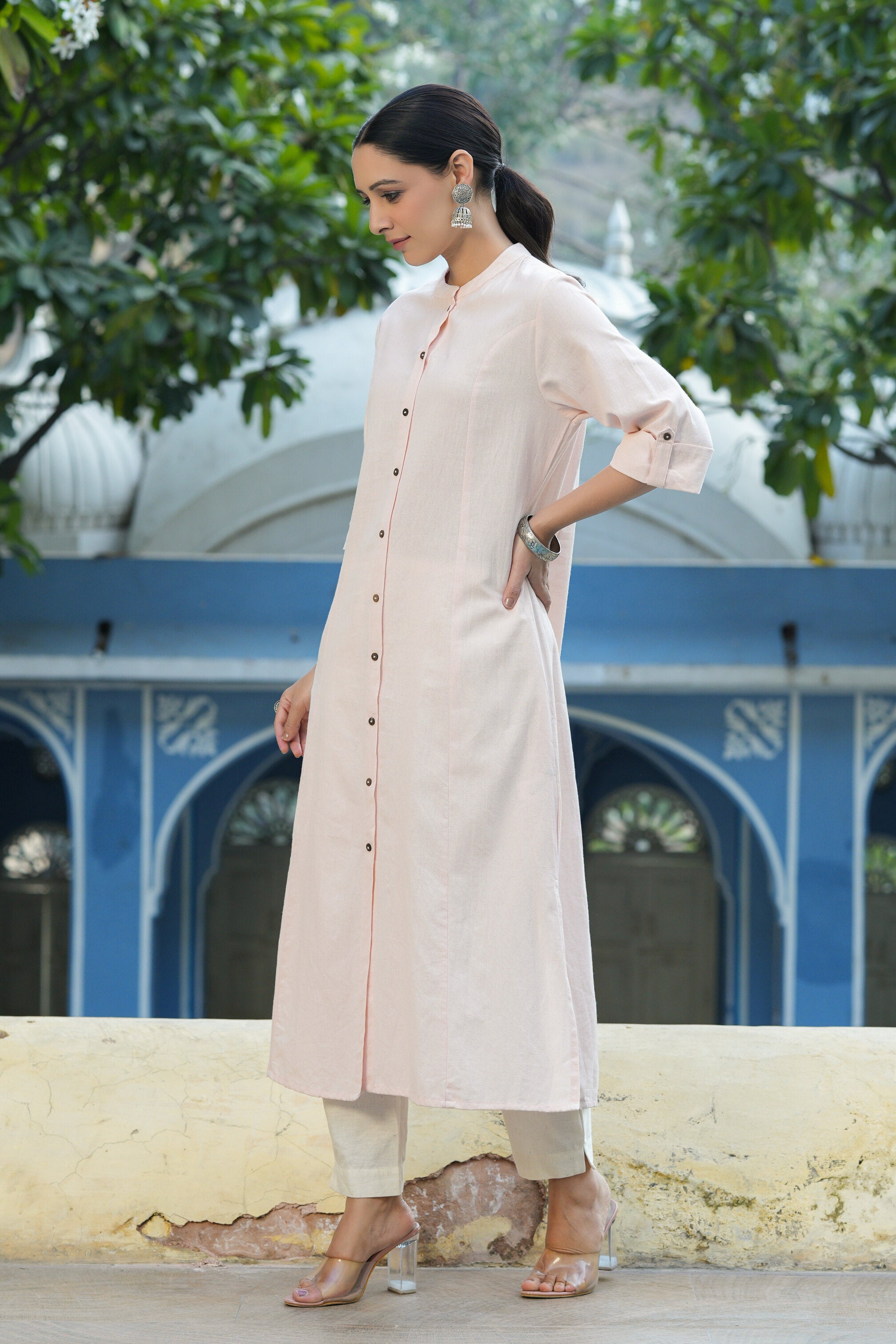 Juniper Peach Cotton Flex Solid A-Line Kurta