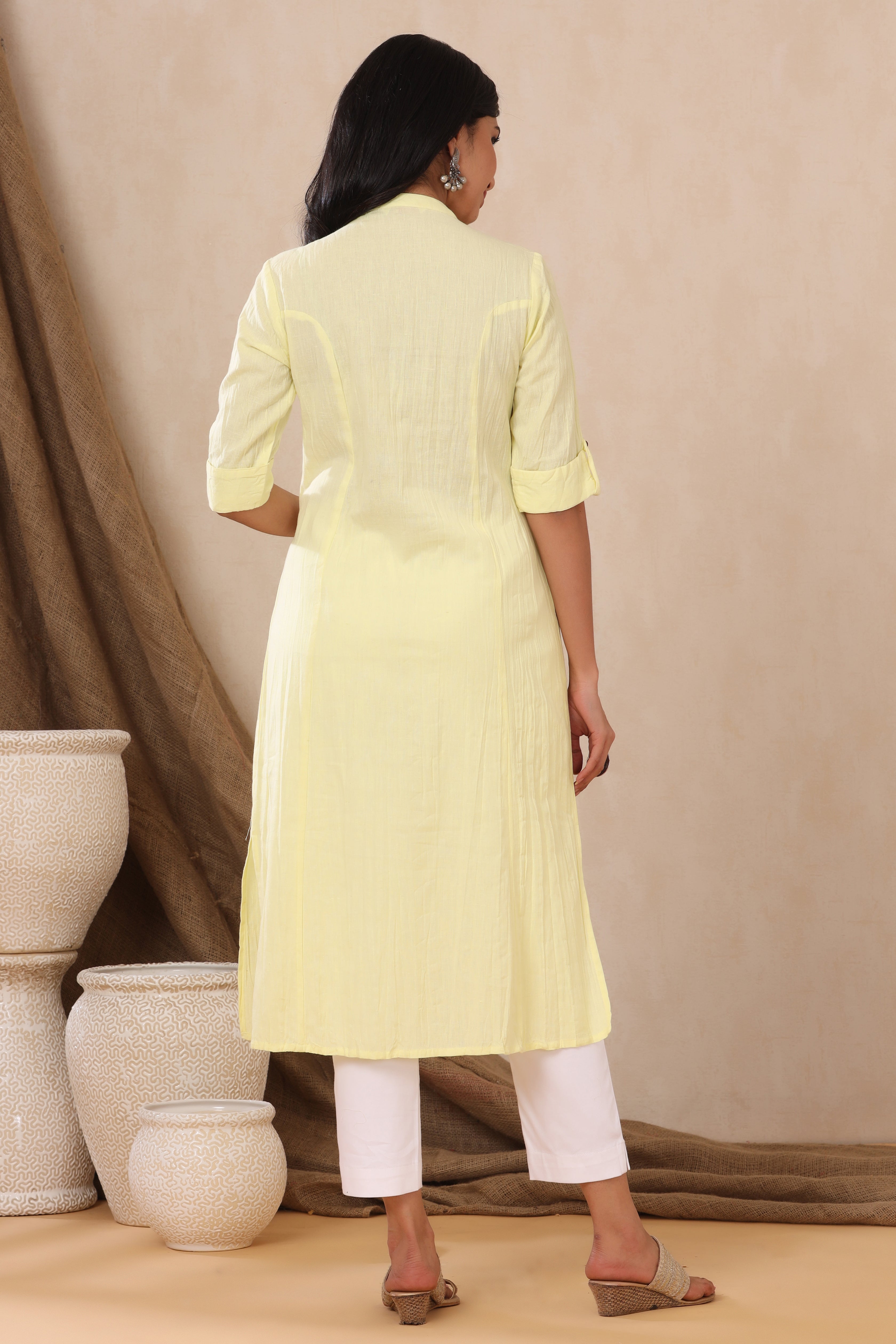 Juniper Yellow Cotton Flex Solid A-Line Kurta