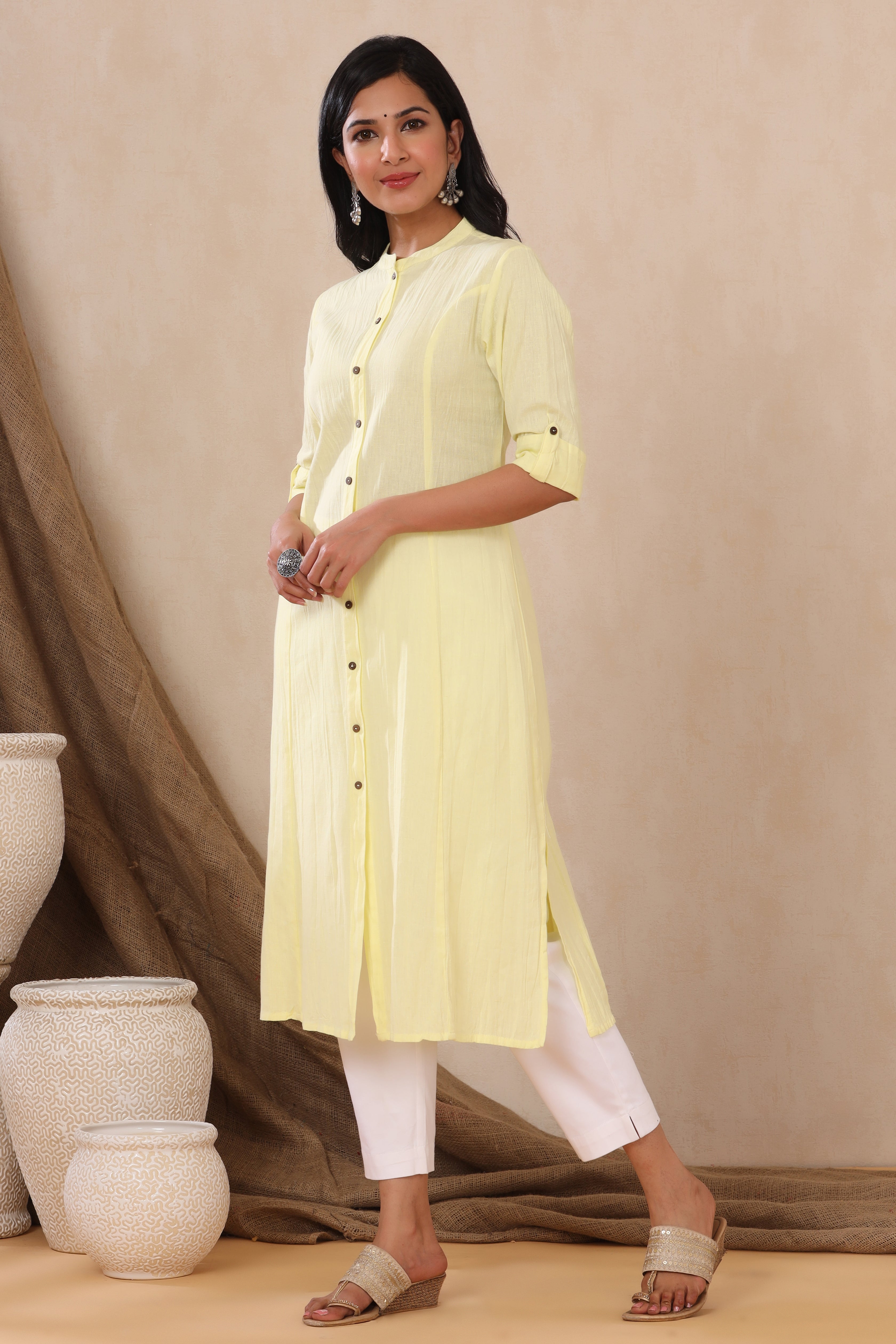 Juniper Yellow Cotton Flex Solid A-Line Kurta