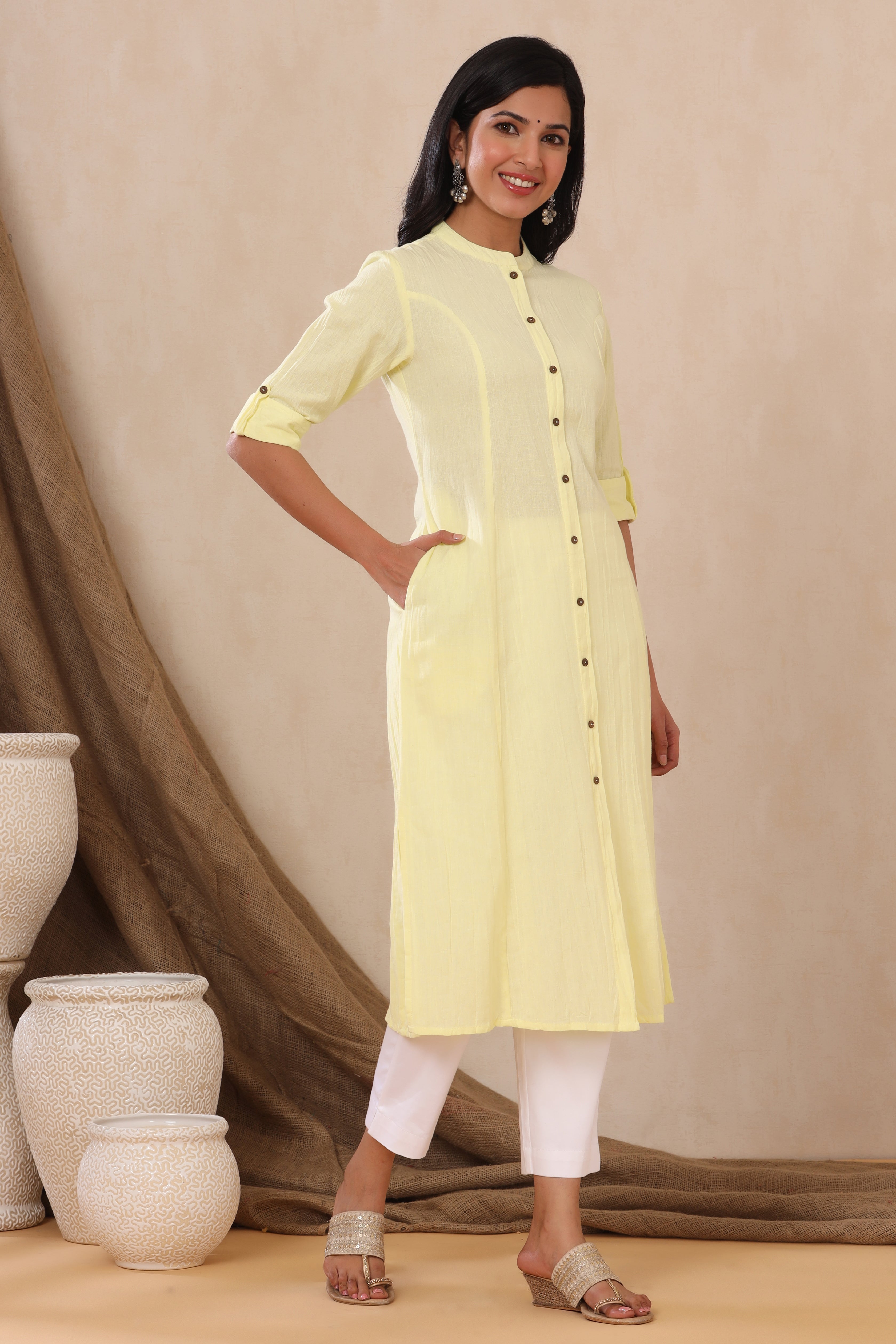 Juniper Yellow Cotton Flex Solid A-Line Kurta