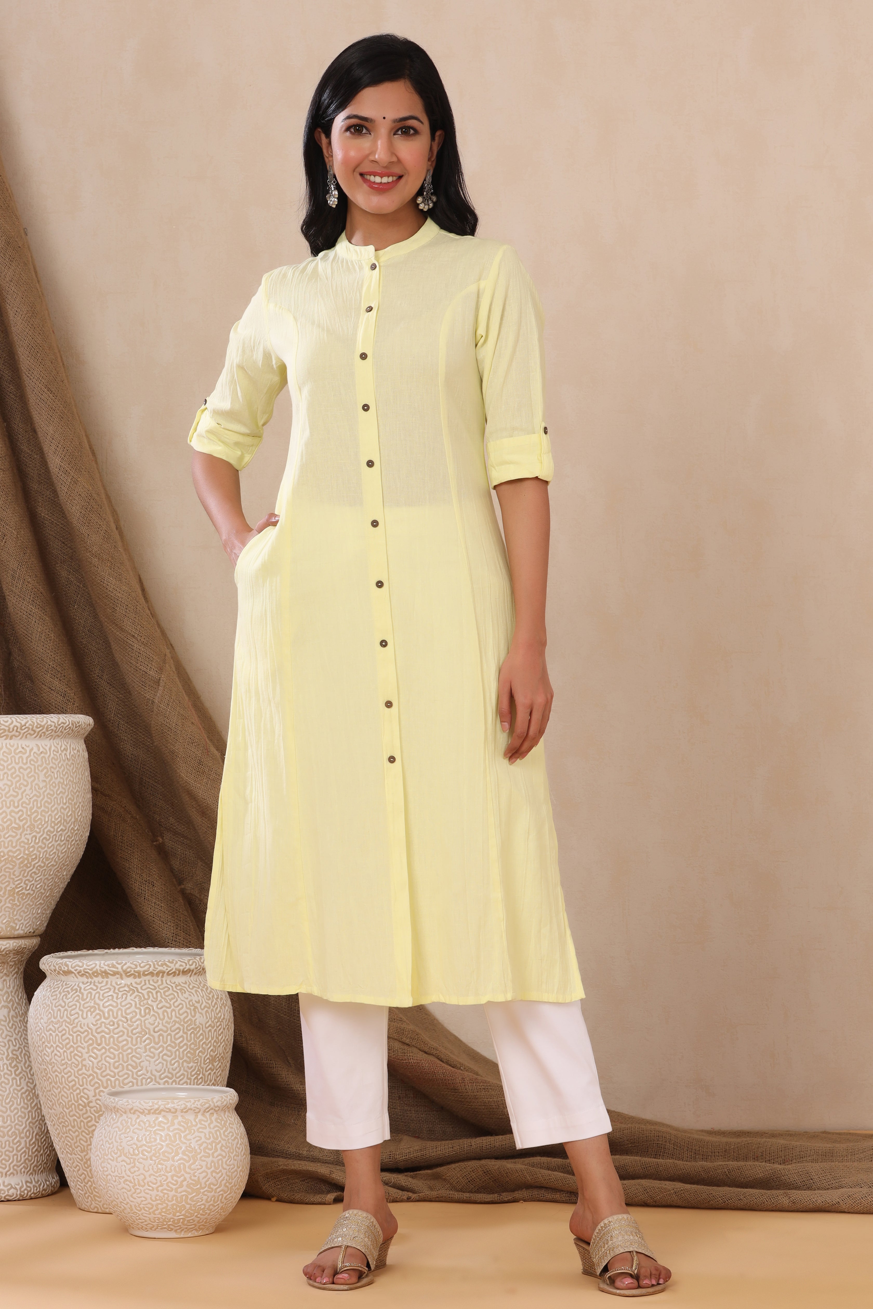 Juniper Yellow Cotton Flex Solid A-Line Kurta