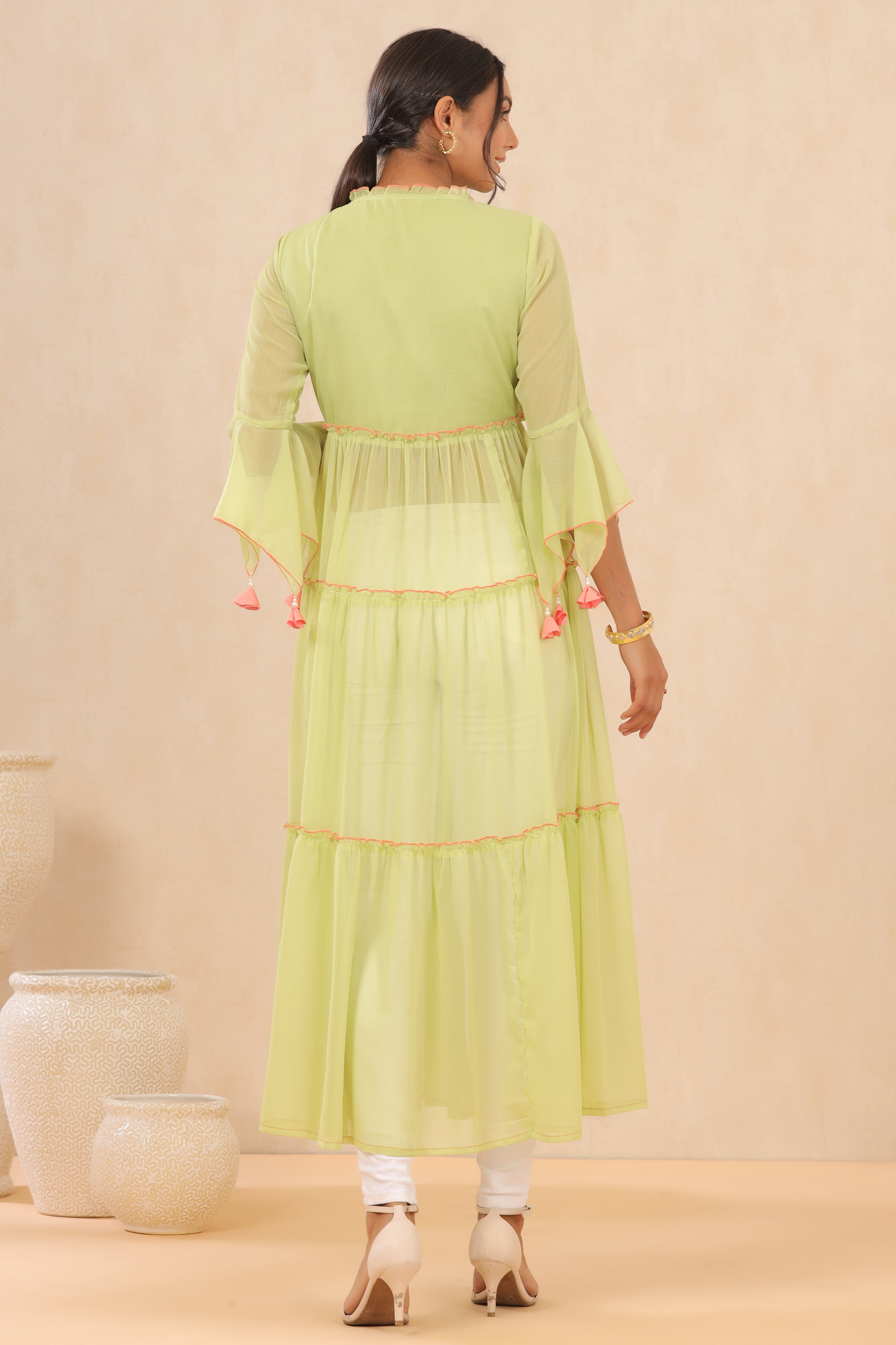 Juniper Green Chiffon Embroidered Tiered Kurta