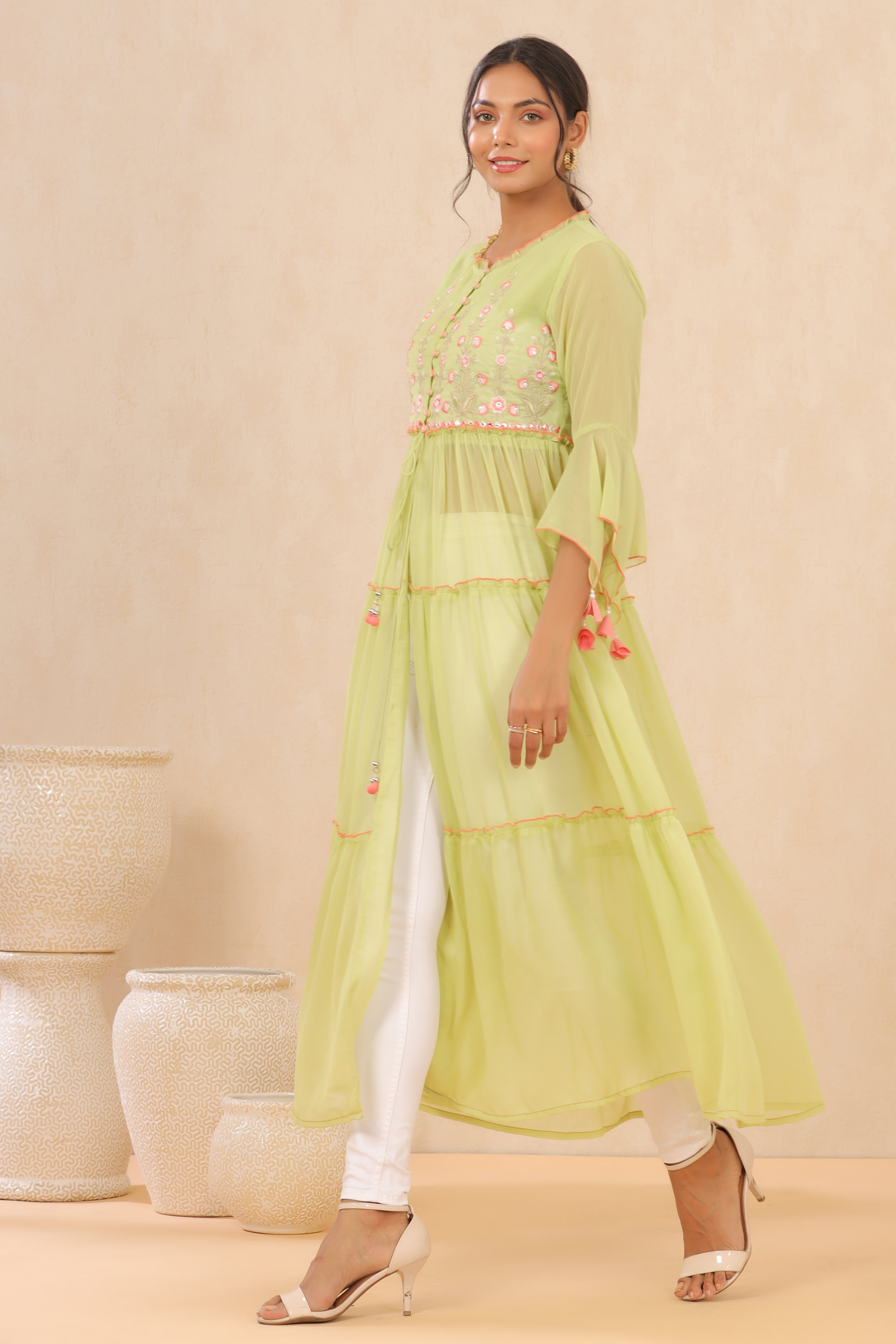 Juniper Green Chiffon Embroidered Tiered Kurta