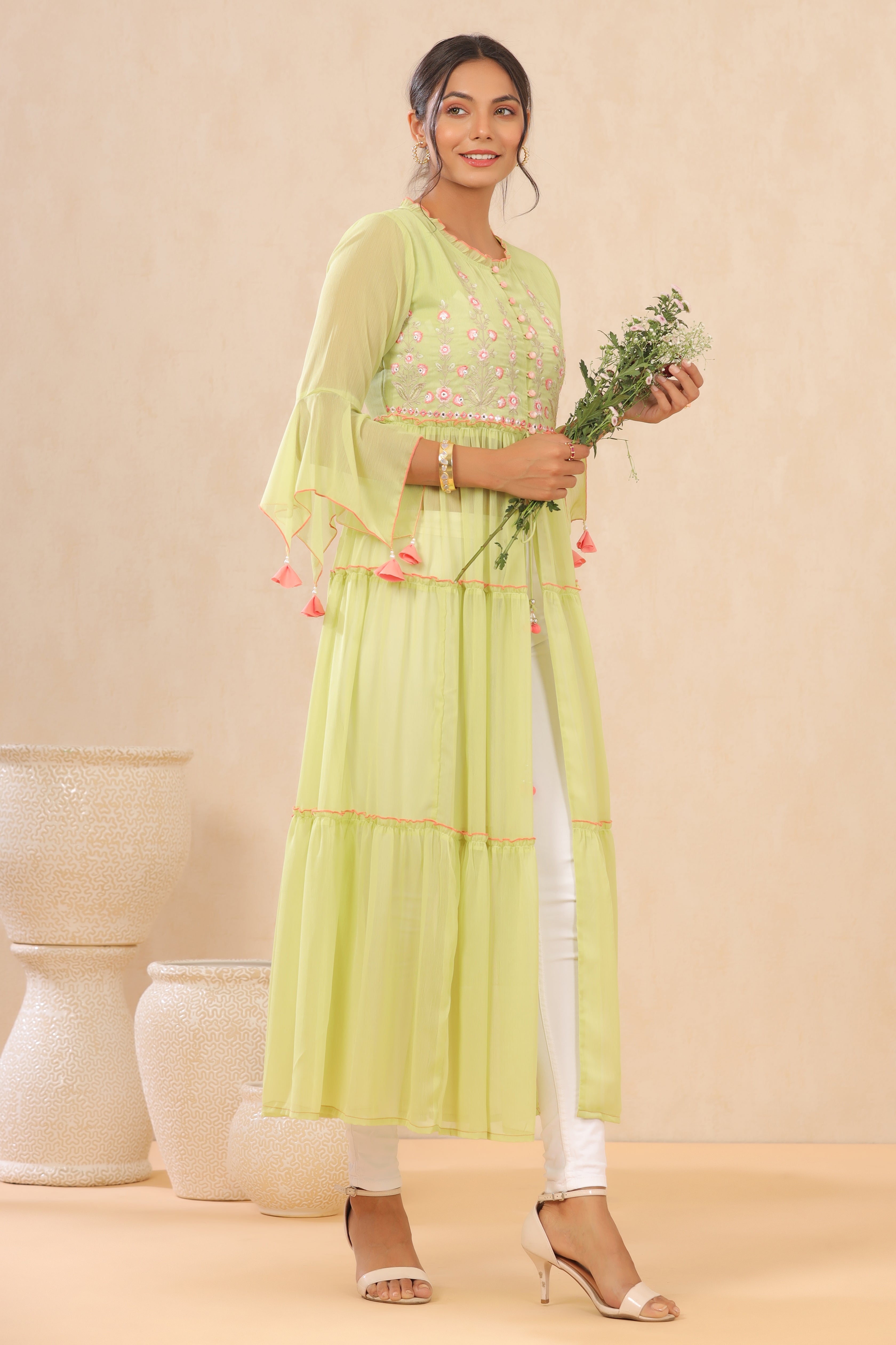 Juniper Green Chiffon Embroidered Tiered Kurta