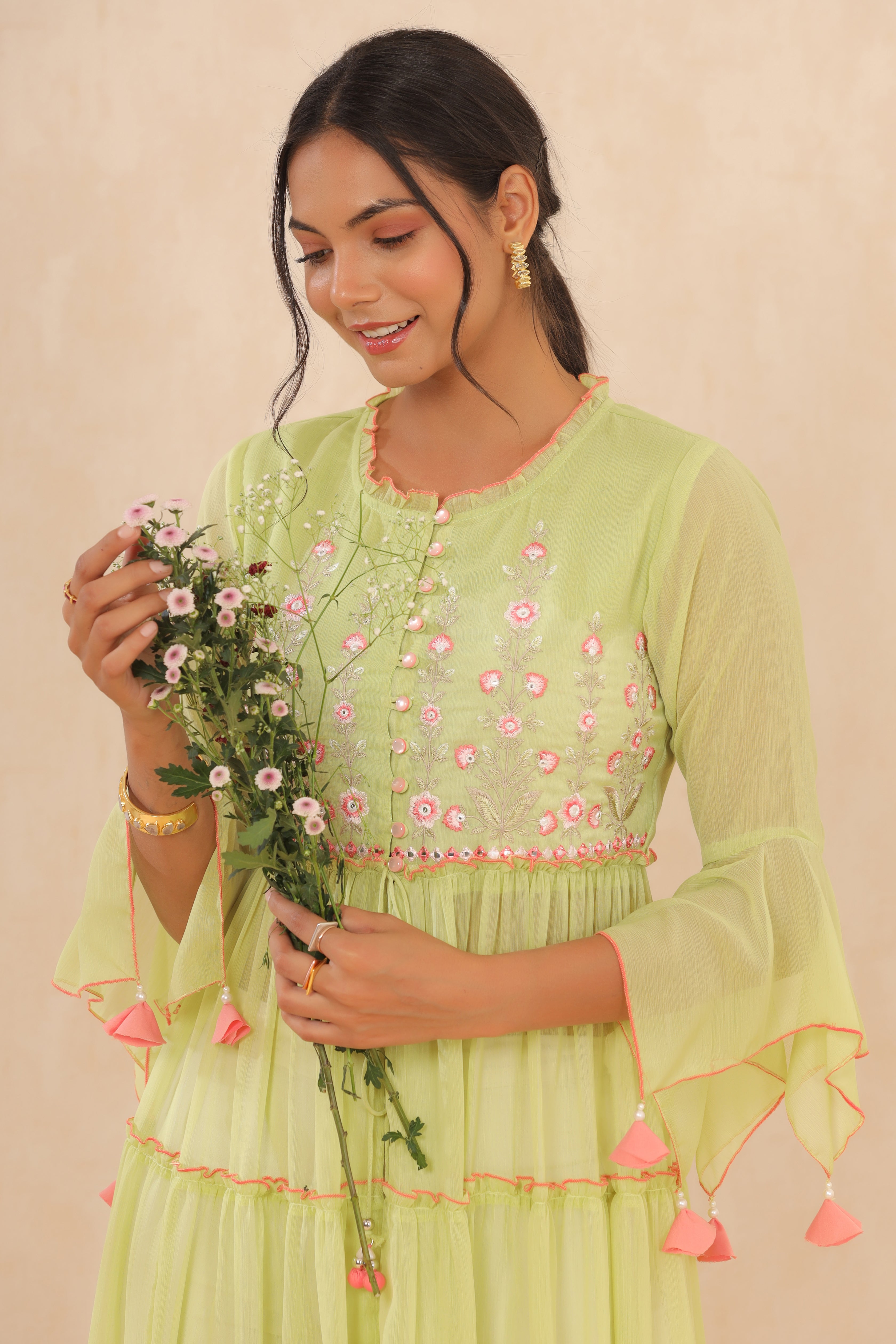 Juniper Green Chiffon Embroidered Tiered Kurta