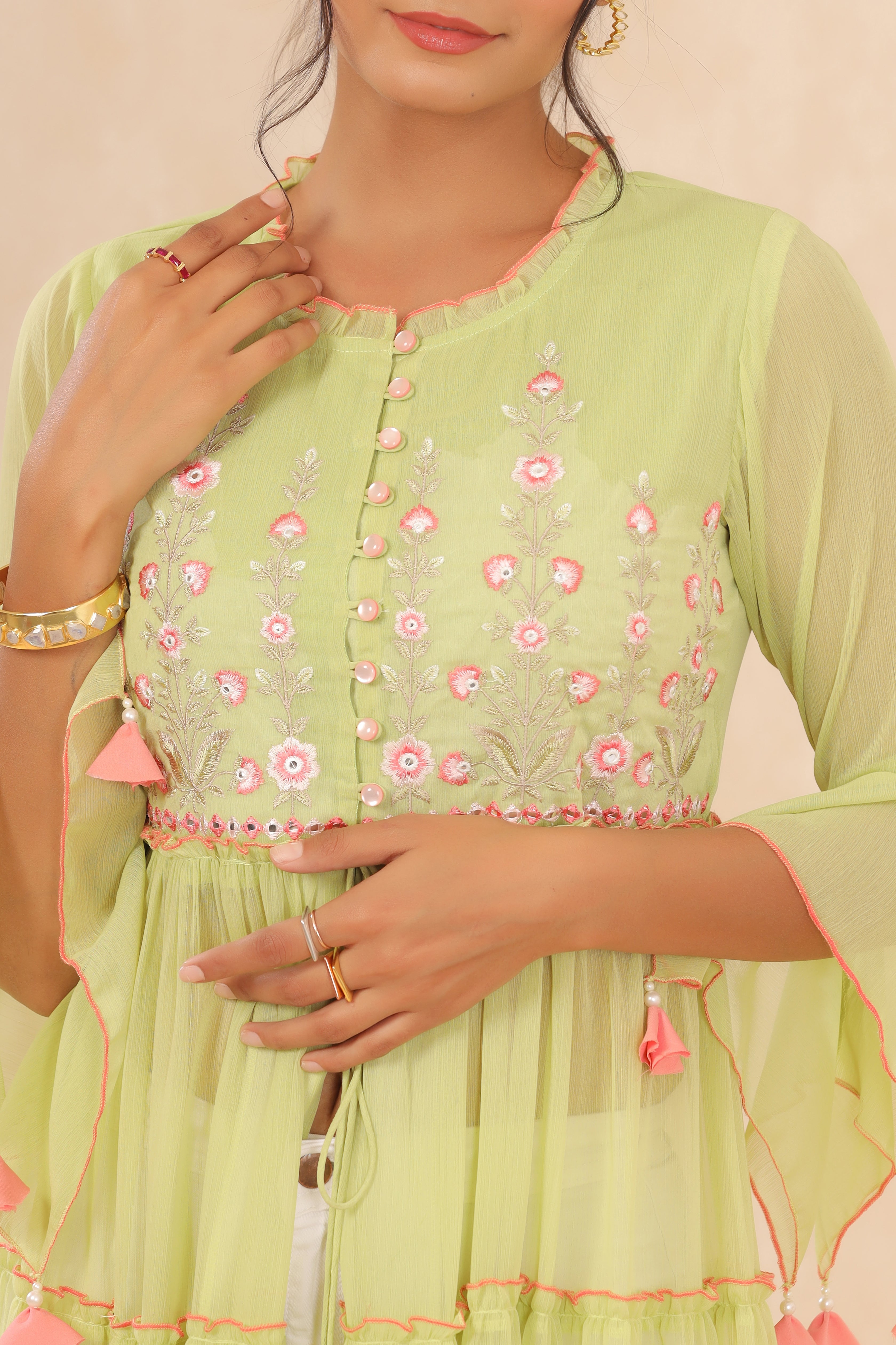 Juniper Green Chiffon Embroidered Tiered Kurta