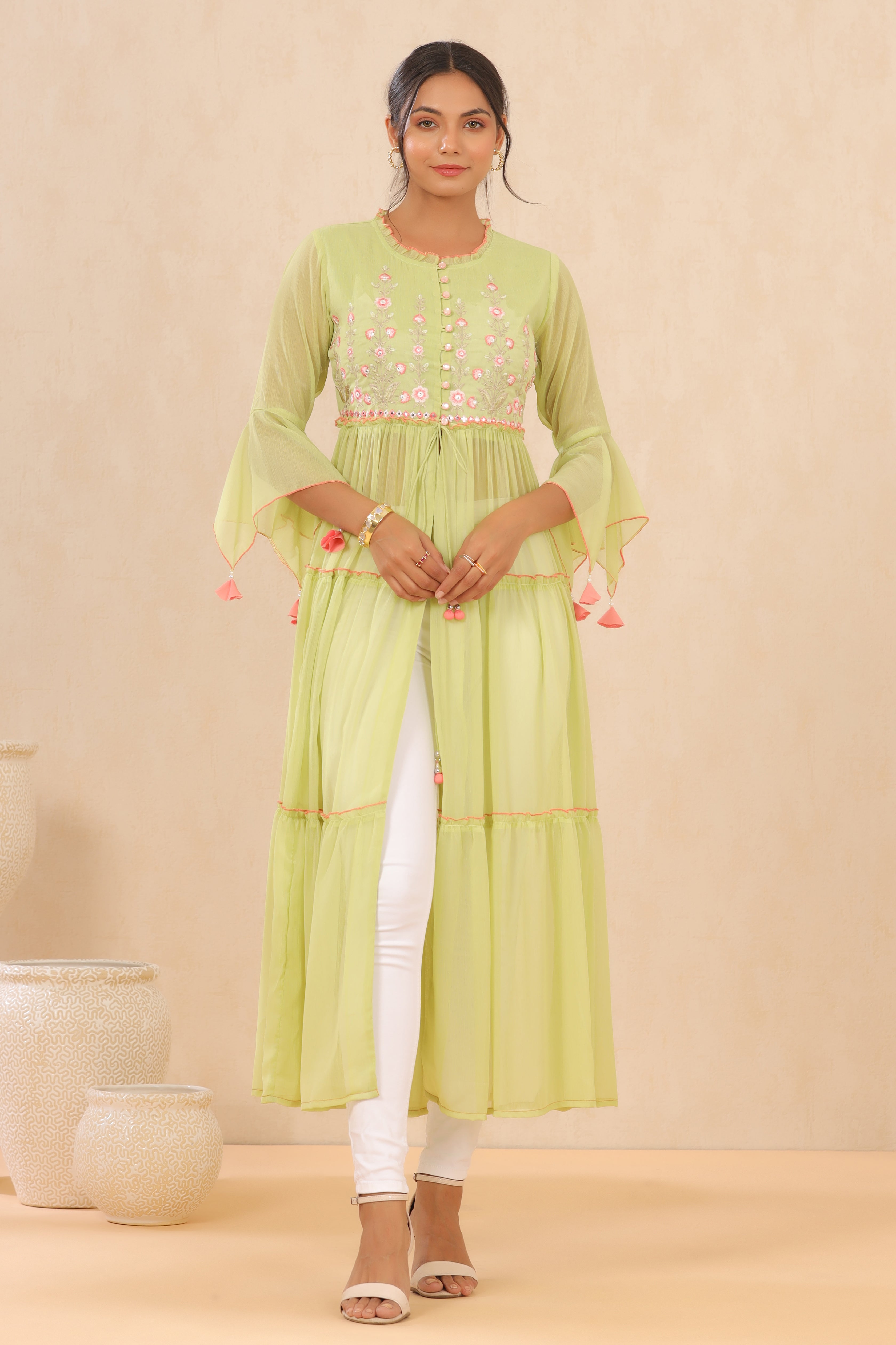 Juniper Green Chiffon Embroidered Tiered Kurta