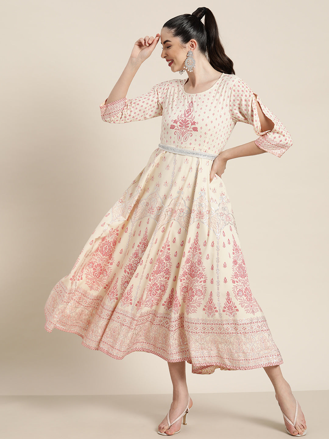 Juniper Ivory American Crepe Printed Flared Dress with Belt
