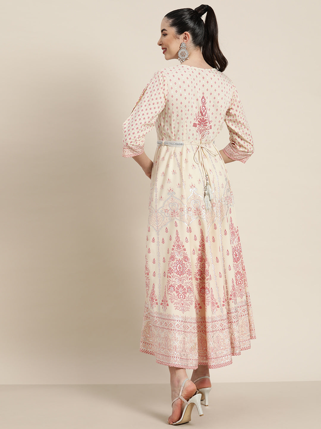 Juniper Ivory American Crepe Printed Flared Dress with Belt