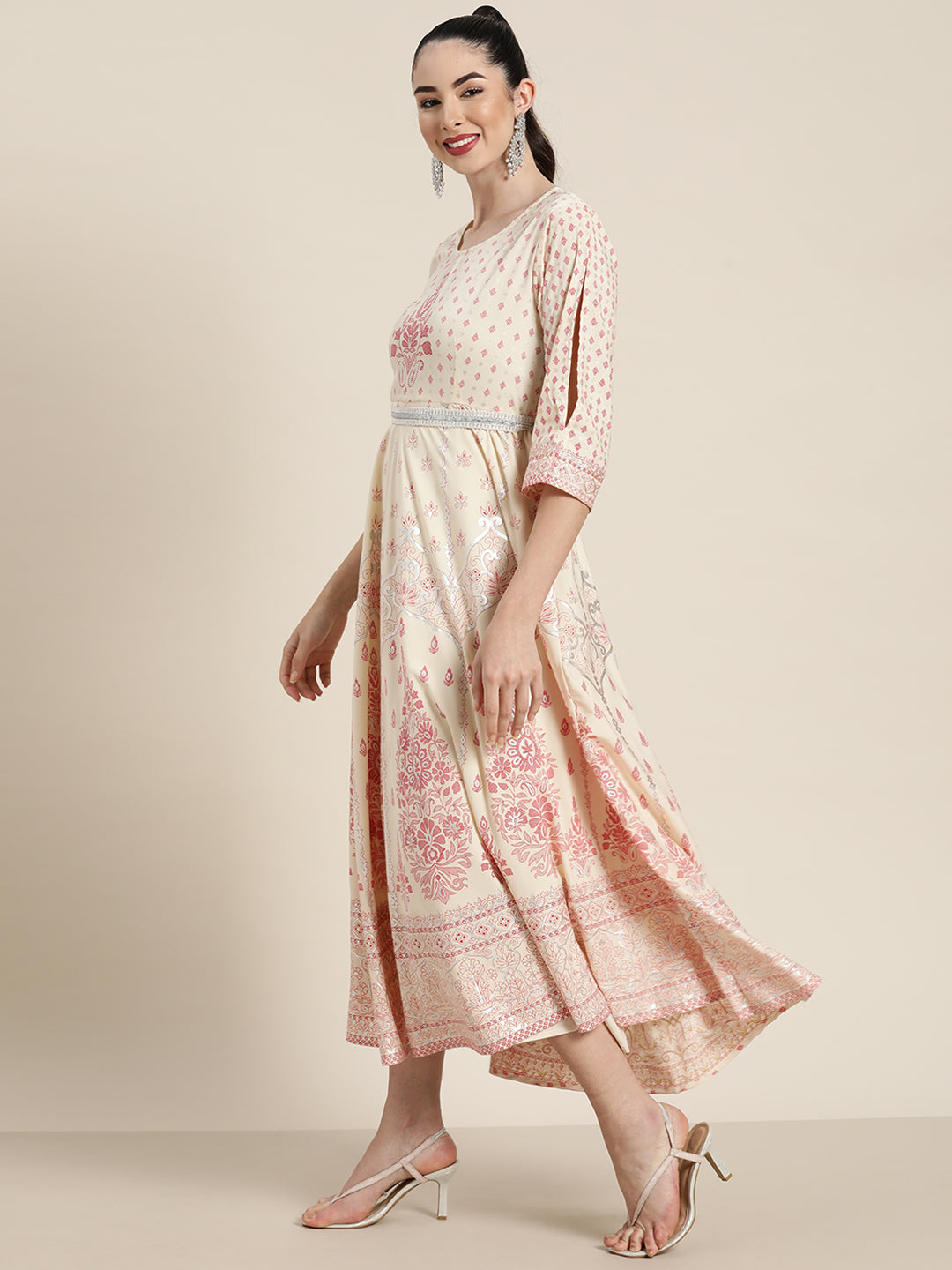 Juniper Ivory American Crepe Printed Flared Dress with Belt