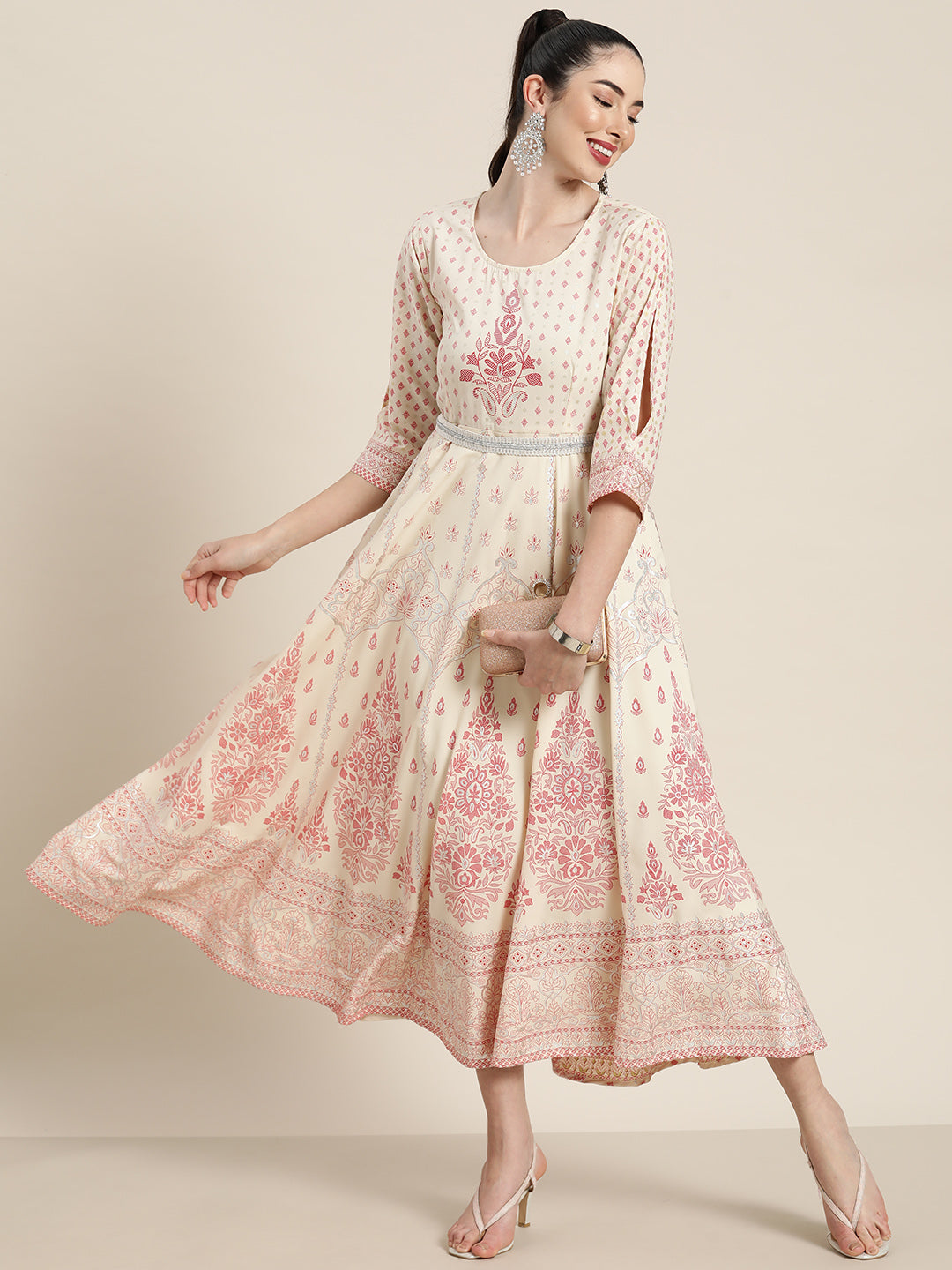 Juniper Ivory American Crepe Printed Flared Dress with Belt