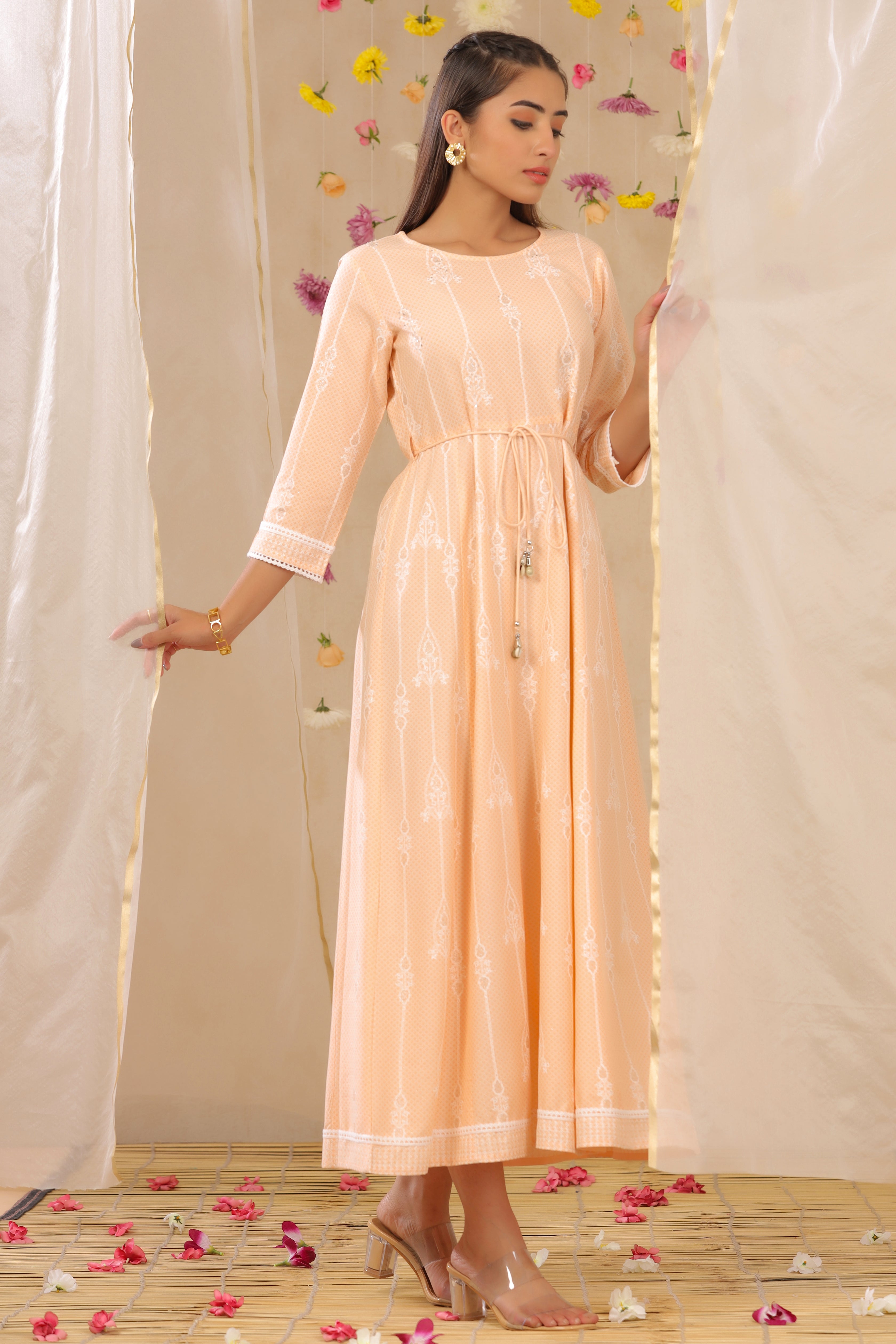 Juniper Peach LIVA Printed Anarkali Dress with Tie-up Dori