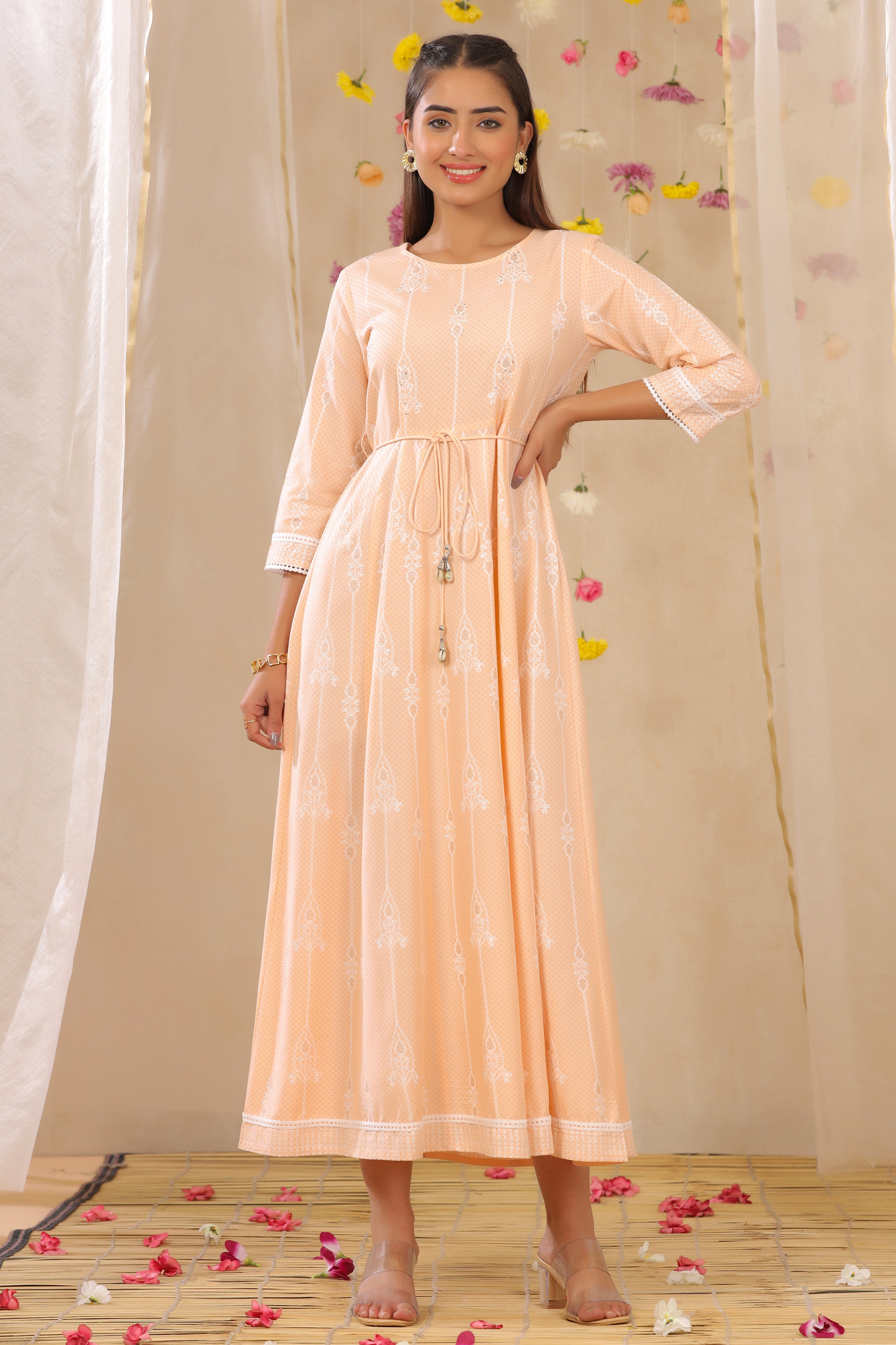 Juniper Peach LIVA Printed Anarkali Dress with Tie-up Dori
