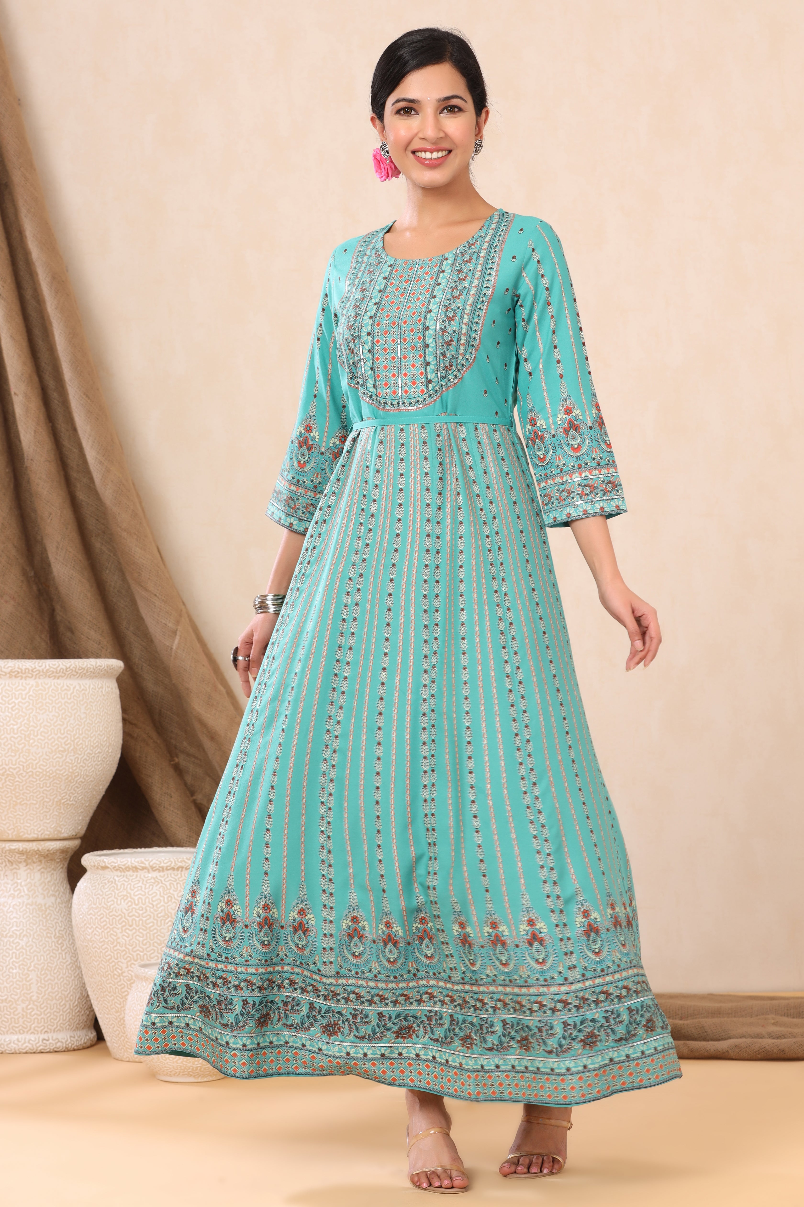 Juniper Teal LIVA Printed Anarkali Dress