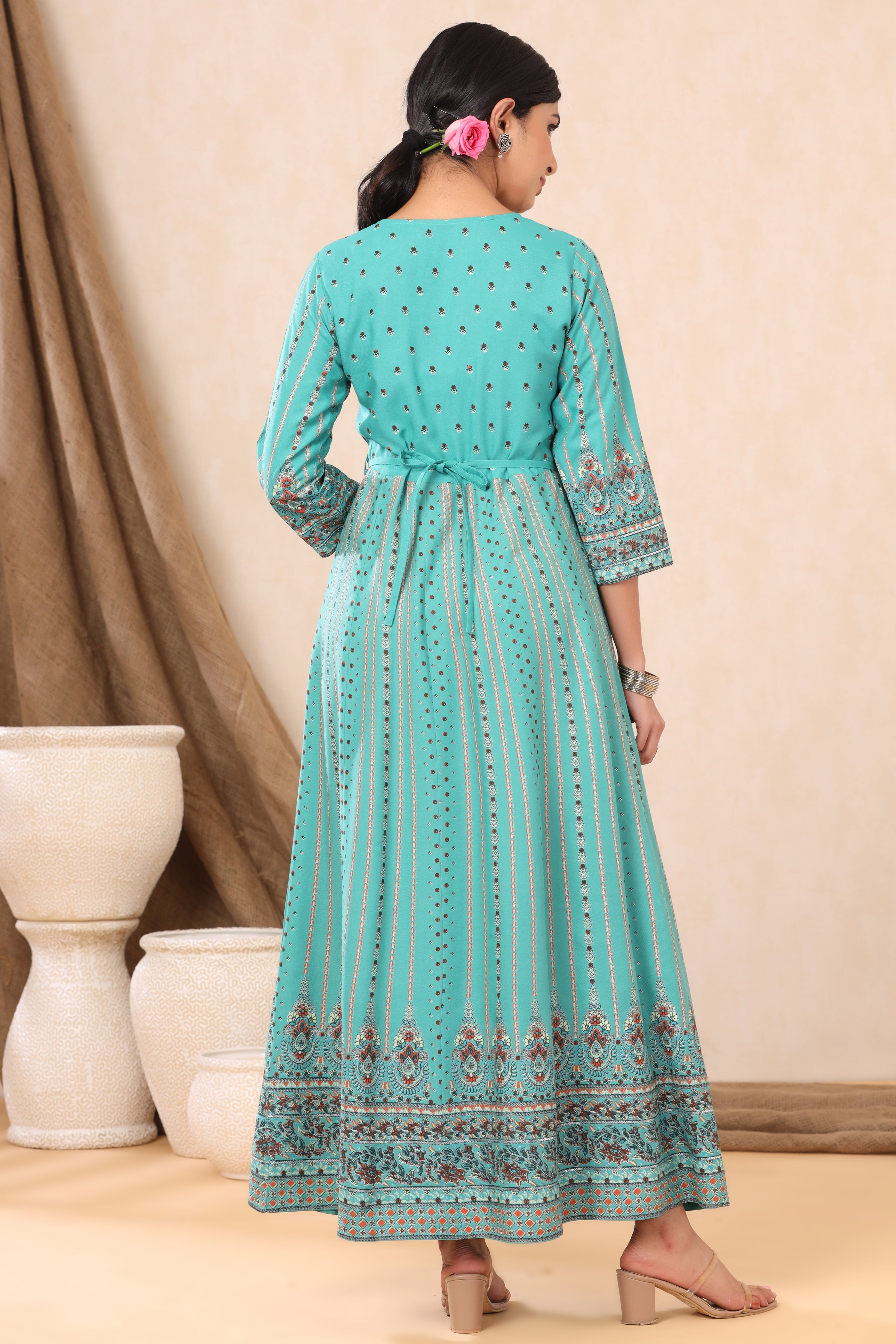 Juniper Teal LIVA Printed Anarkali Dress