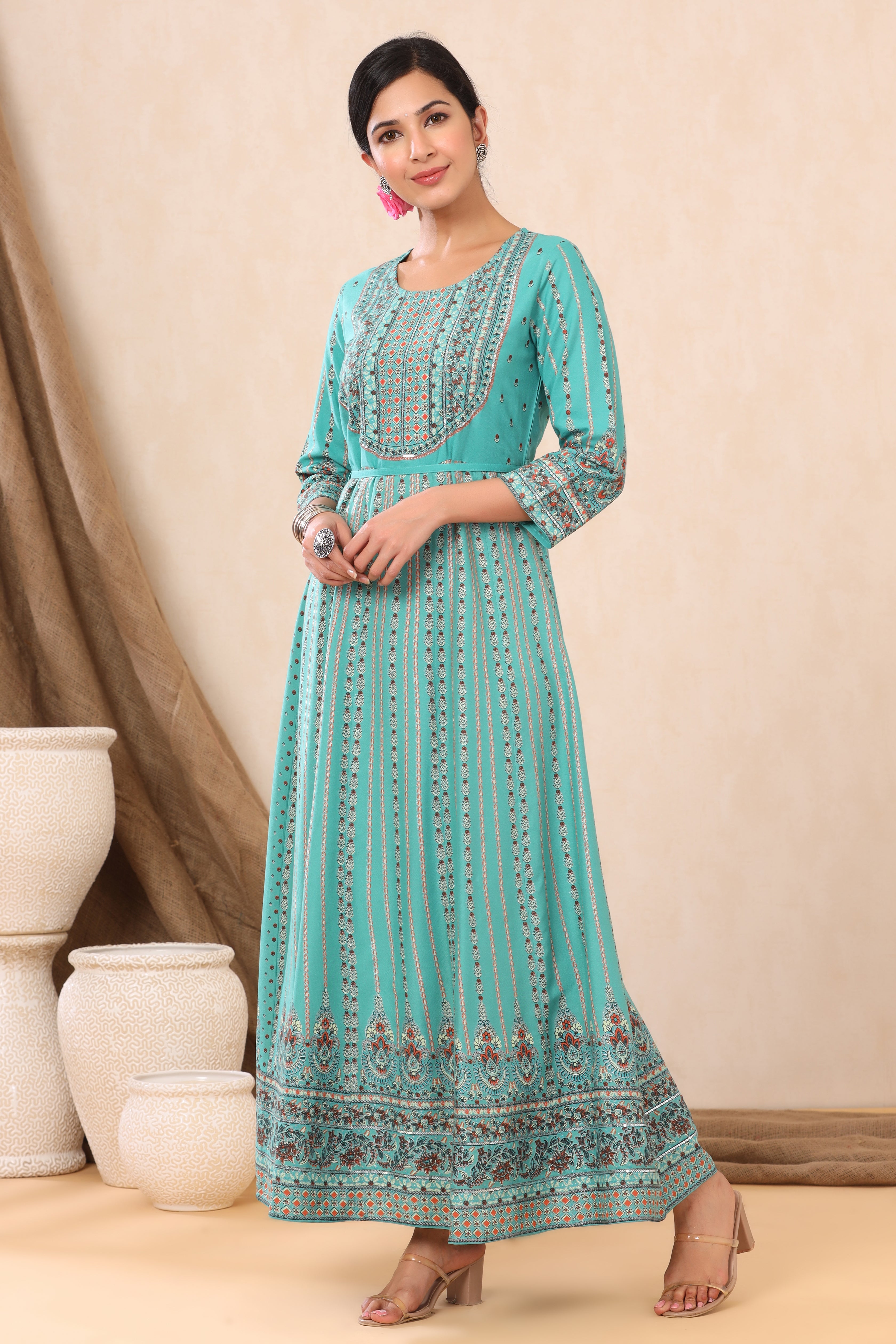 Juniper Teal LIVA Printed Anarkali Dress