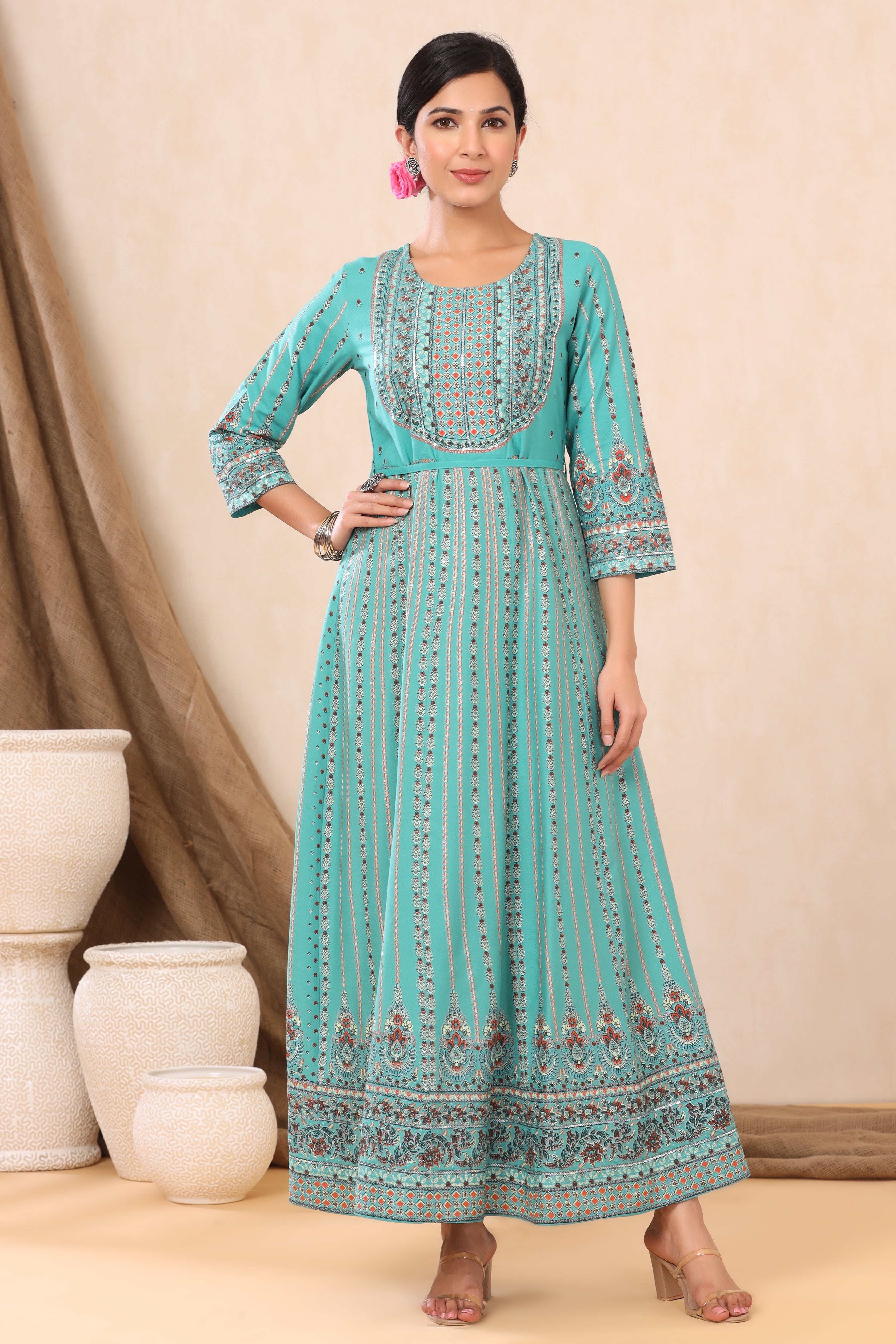 Juniper Teal LIVA Printed Anarkali Dress