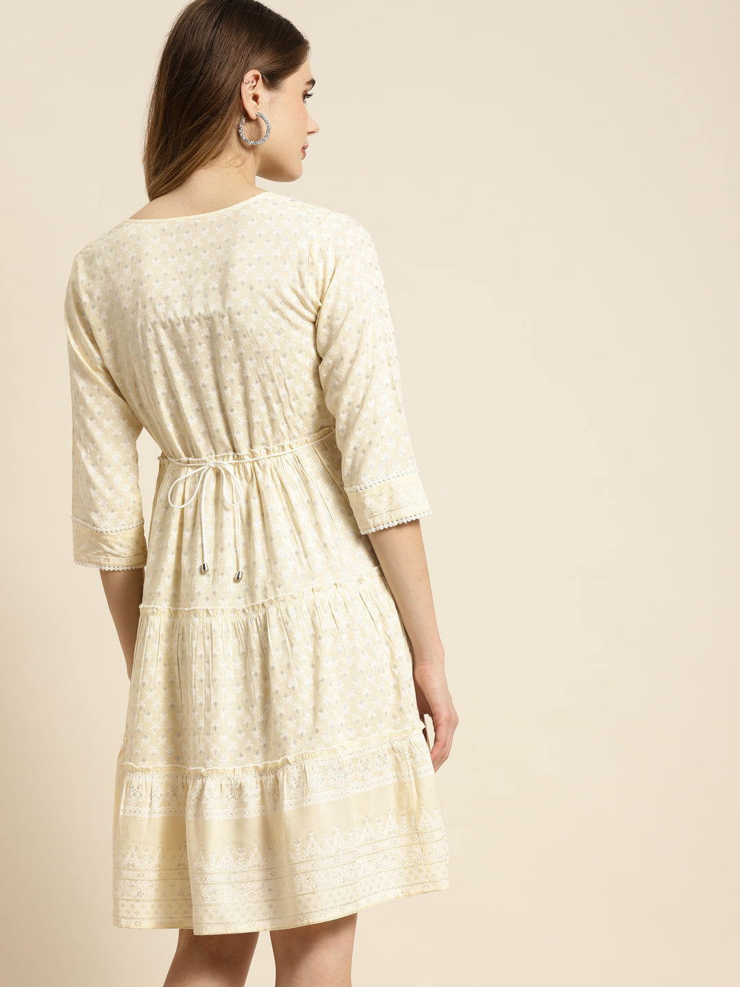 Juniper Light Yellow Rayon Printed Tiered Dress With Tie-Up Belt