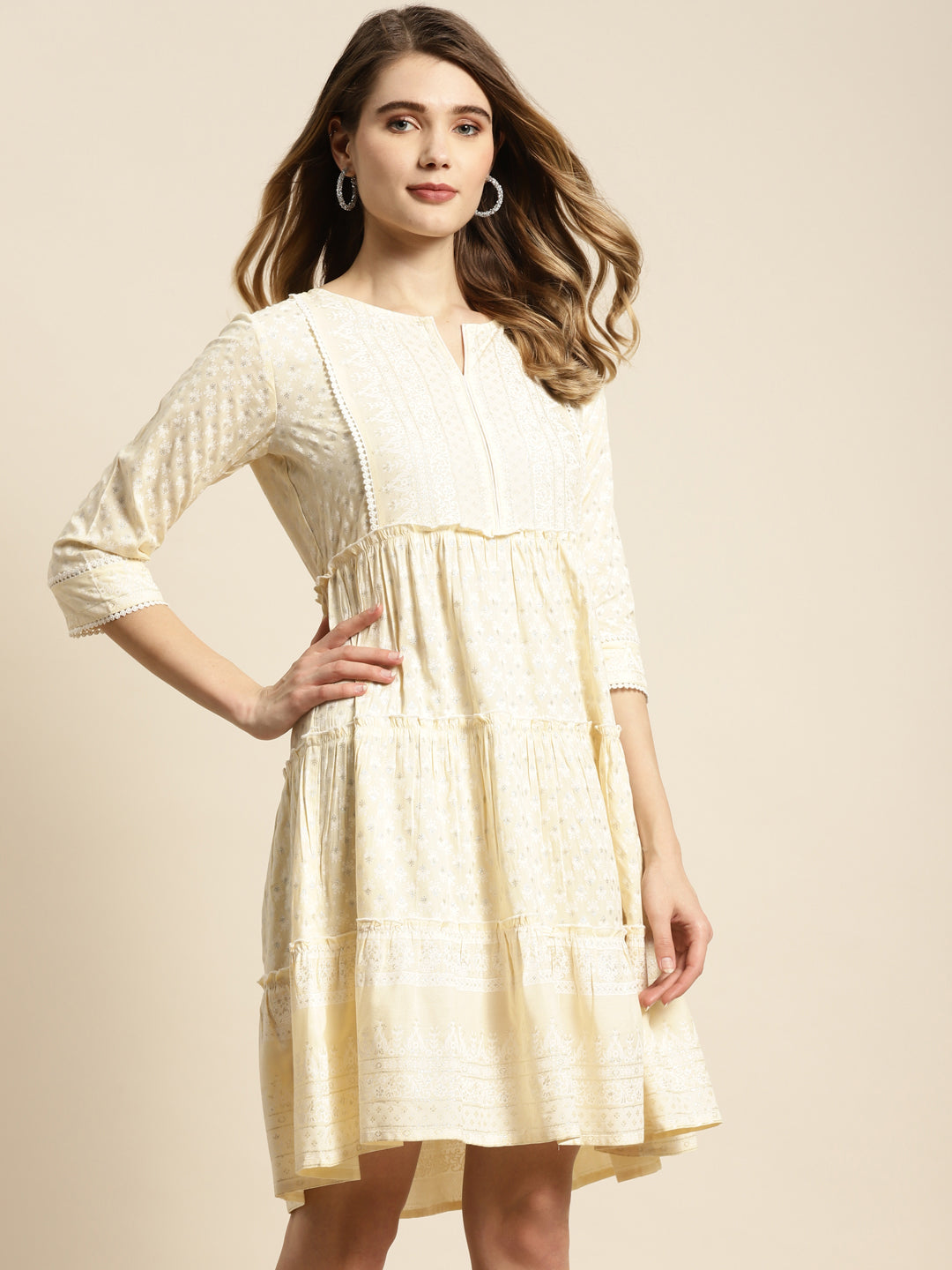 Juniper Light Yellow Rayon Printed Tiered Dress With Tie-Up Belt