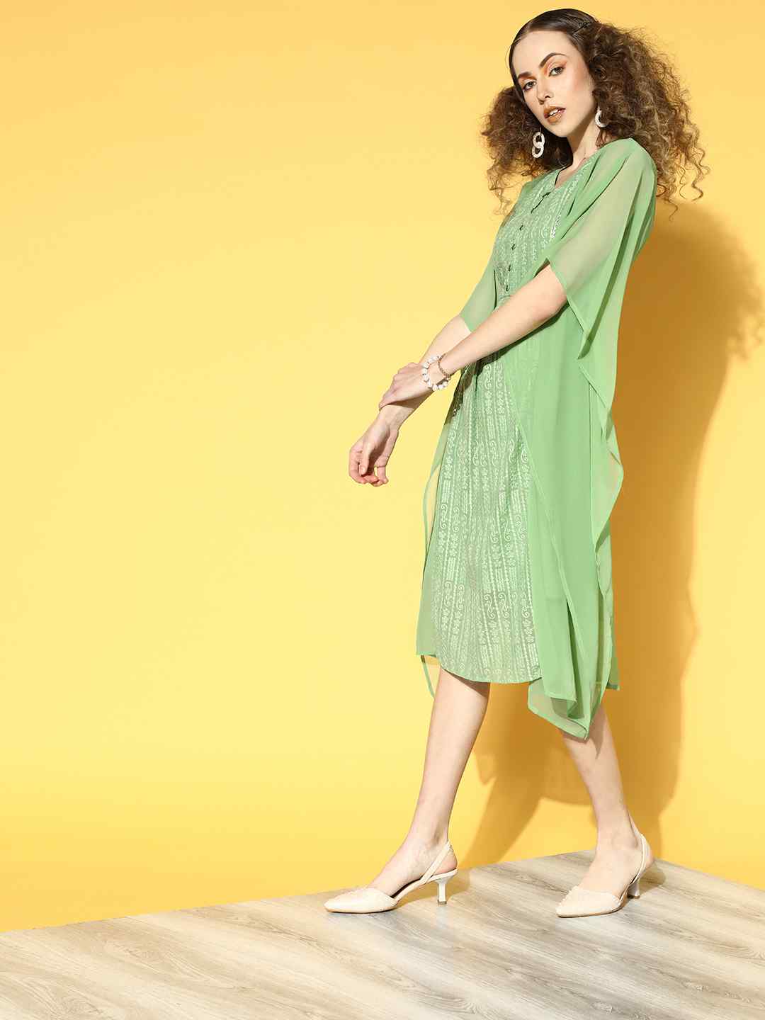 Juniper Sagegreen Georgette Embroidered Straight Kaftan