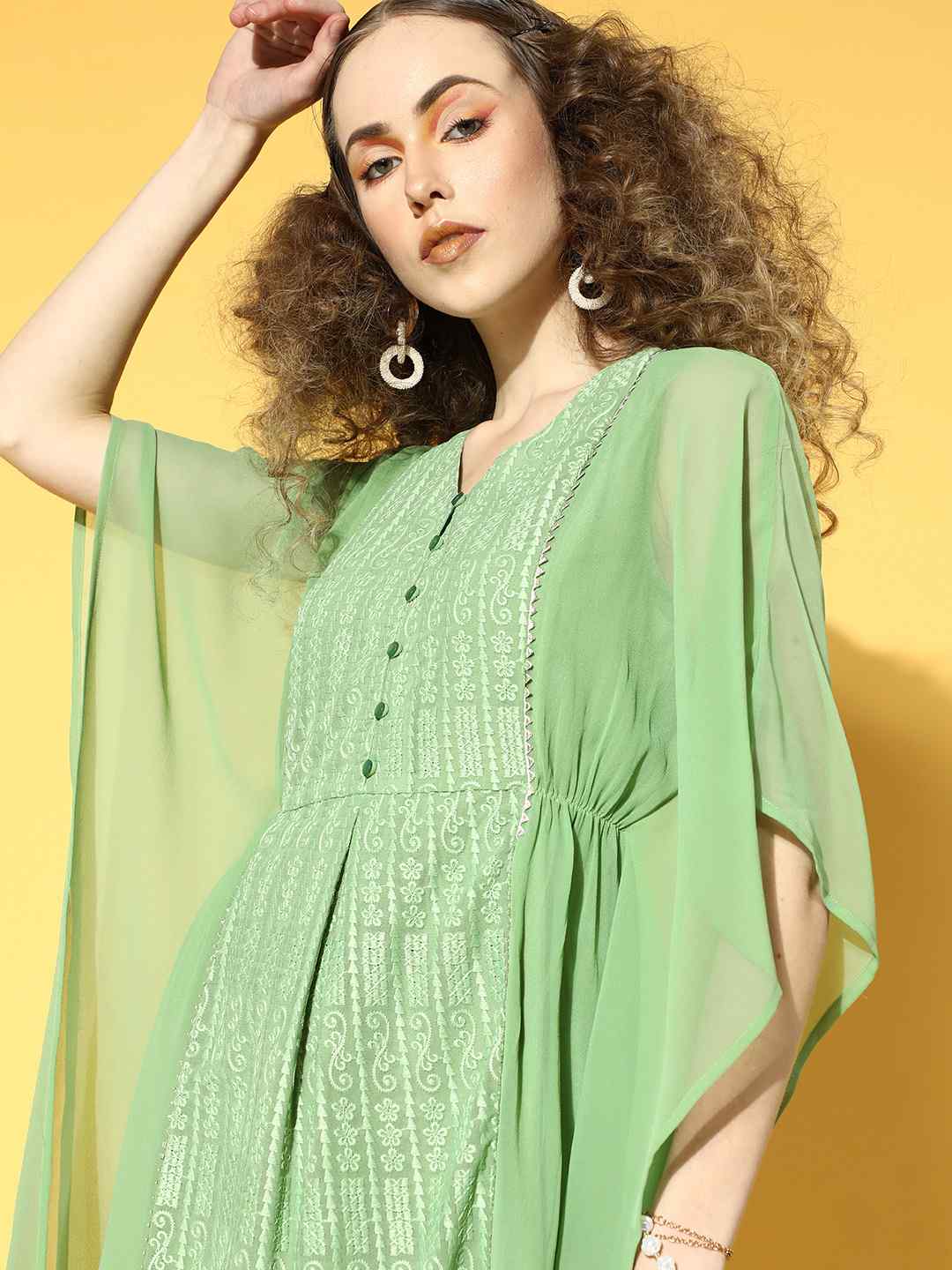 Juniper Sagegreen Georgette Embroidered Straight Kaftan