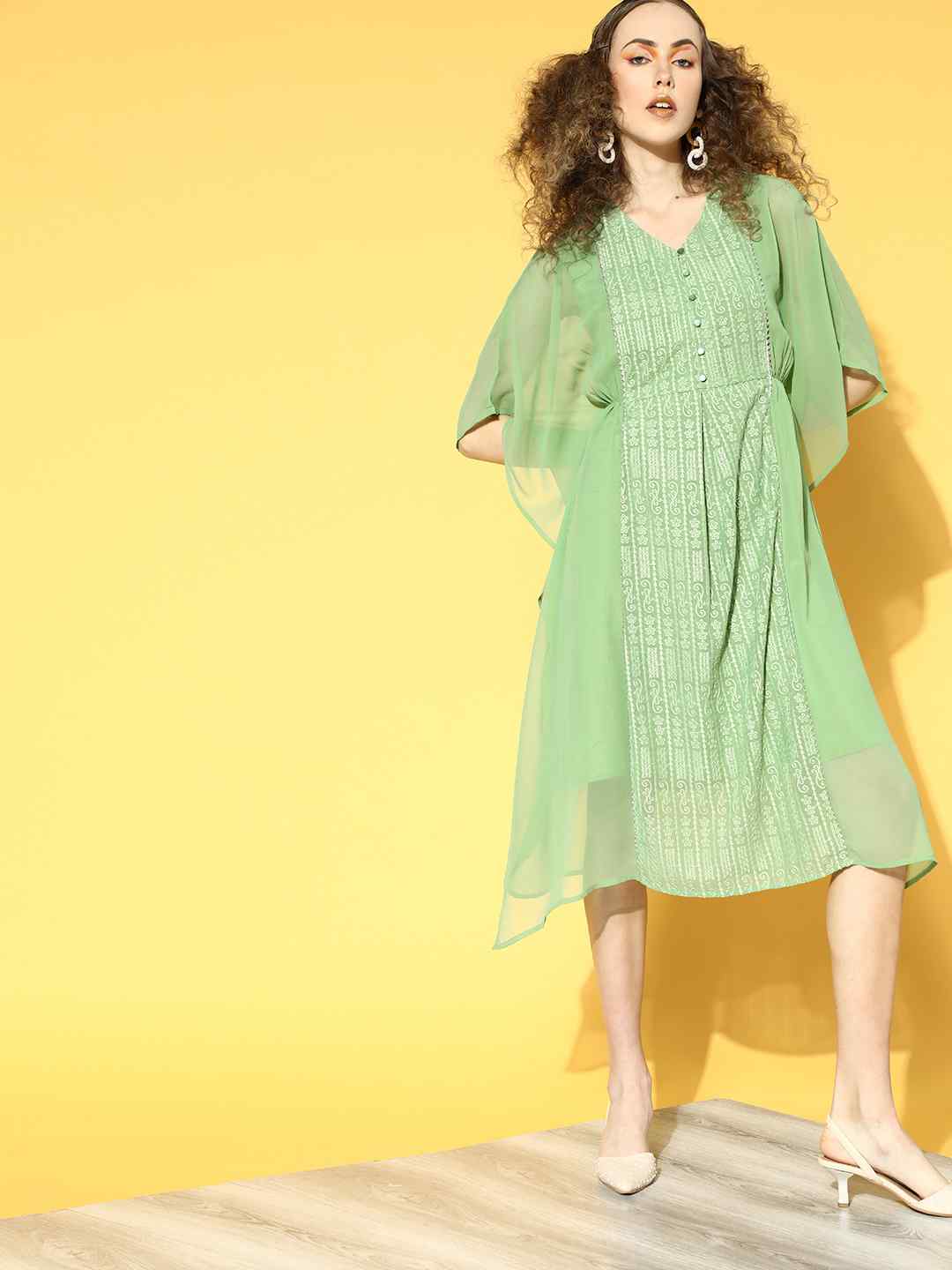 Juniper Sagegreen Georgette Embroidered Straight Kaftan