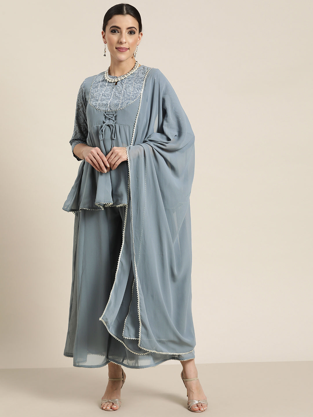 Juniper Grey Georgette Embroidered A-Line Tunic Palazzo Dupatta Set