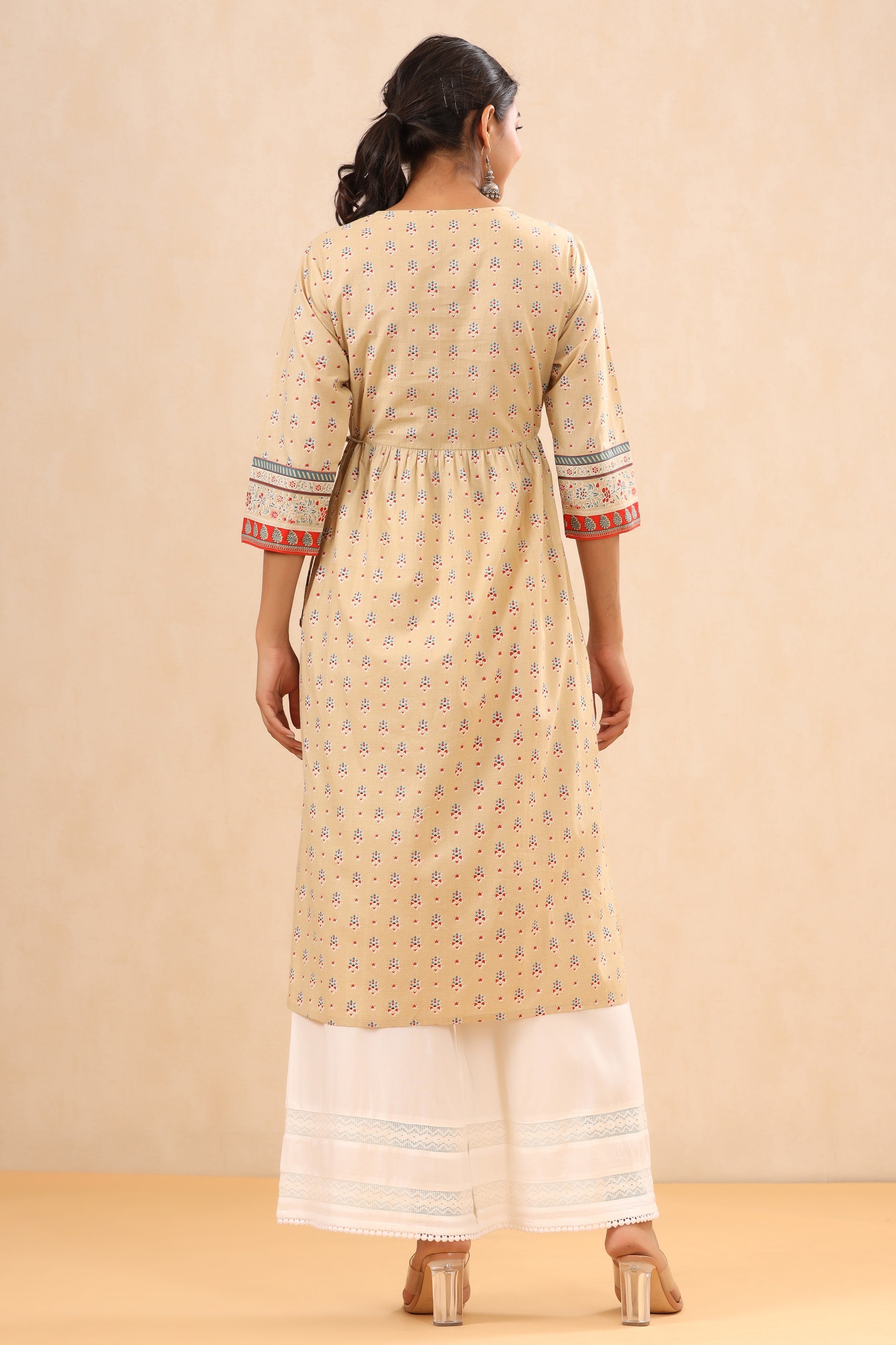 Juniper Women`s Beige Cambric Printed Flared Kurta