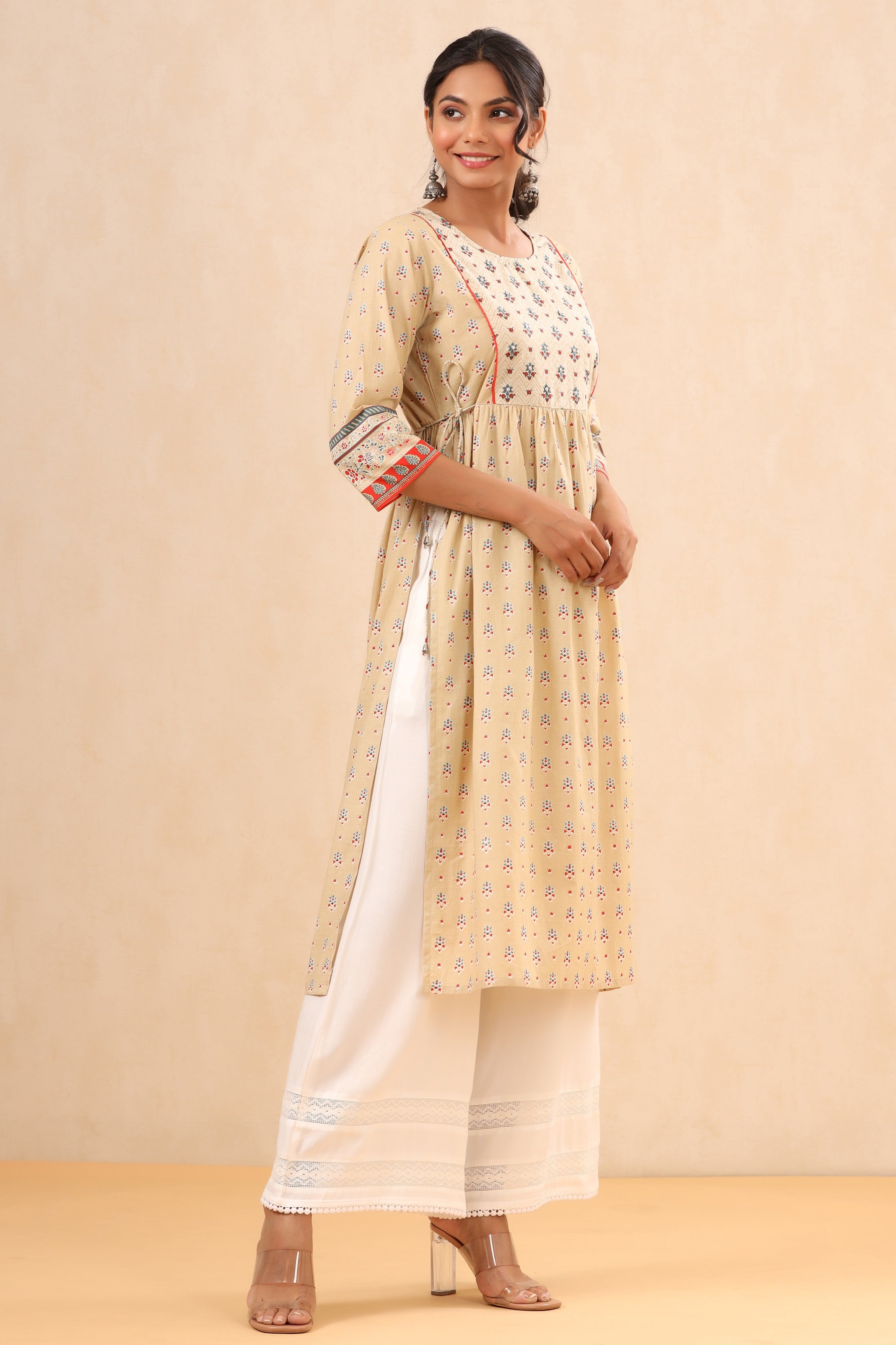 Juniper Women`s Beige Cambric Printed Flared Kurta
