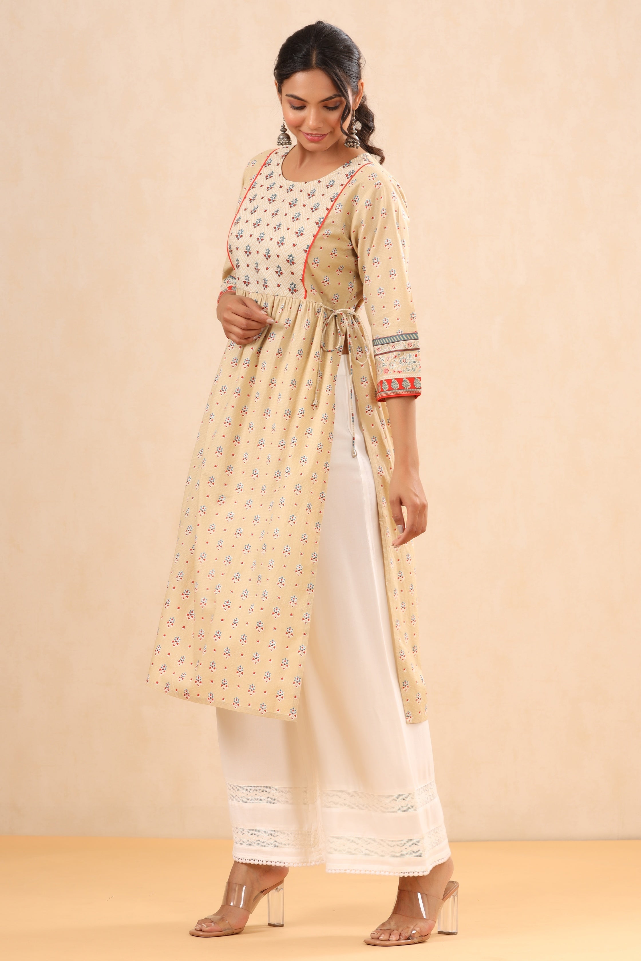 Juniper Women`s Beige Cambric Printed Flared Kurta