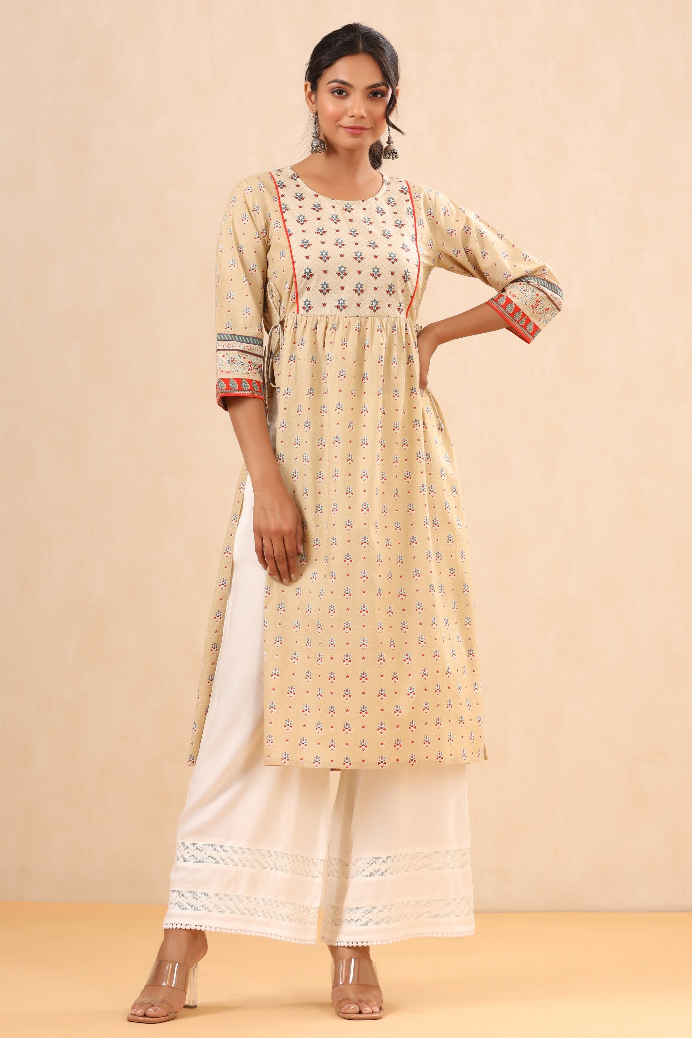 Juniper Women`s Beige Cambric Printed Flared Kurta