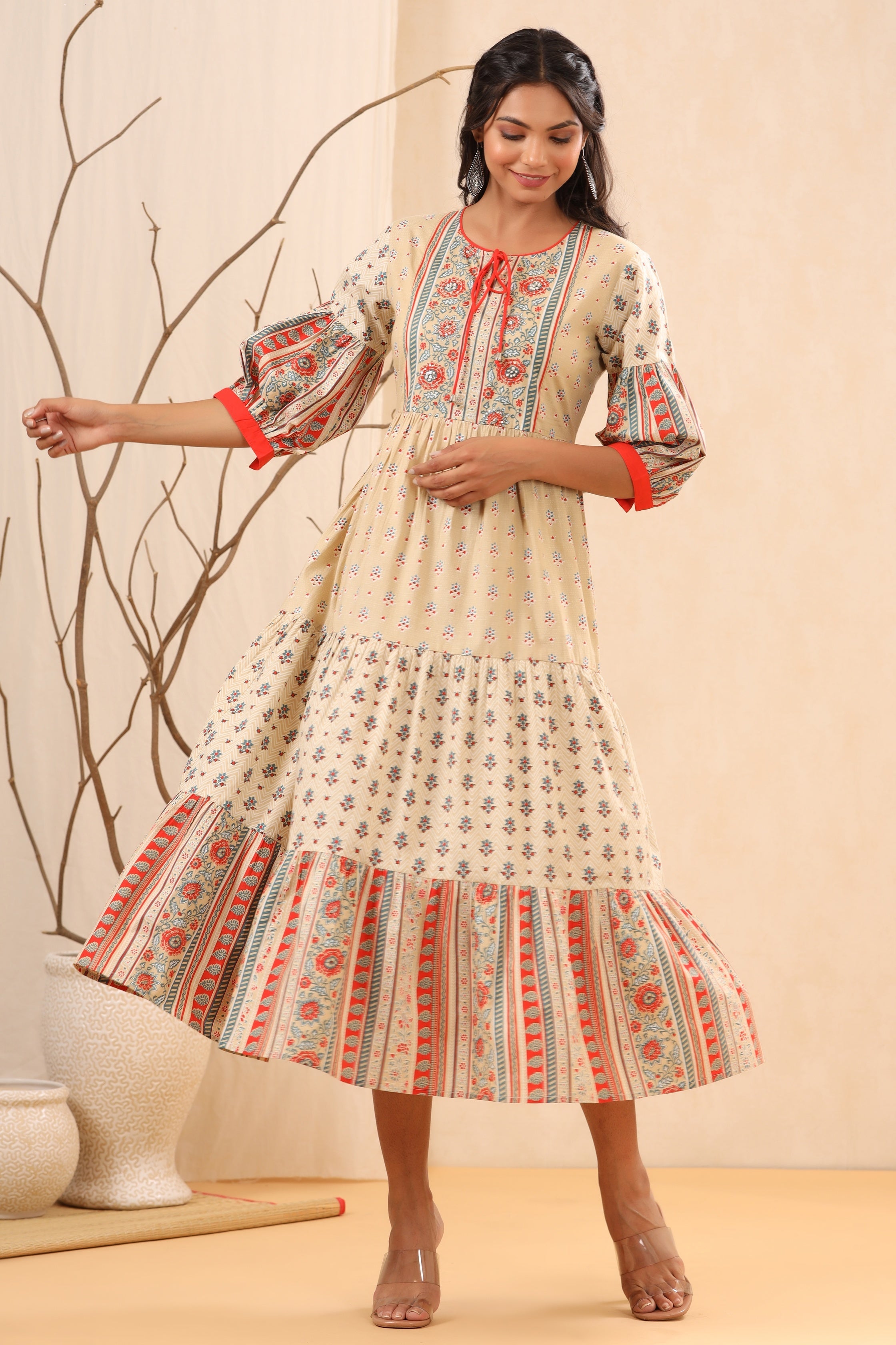 Juniper Women`s Beige Cambric Printed Tiered Dress
