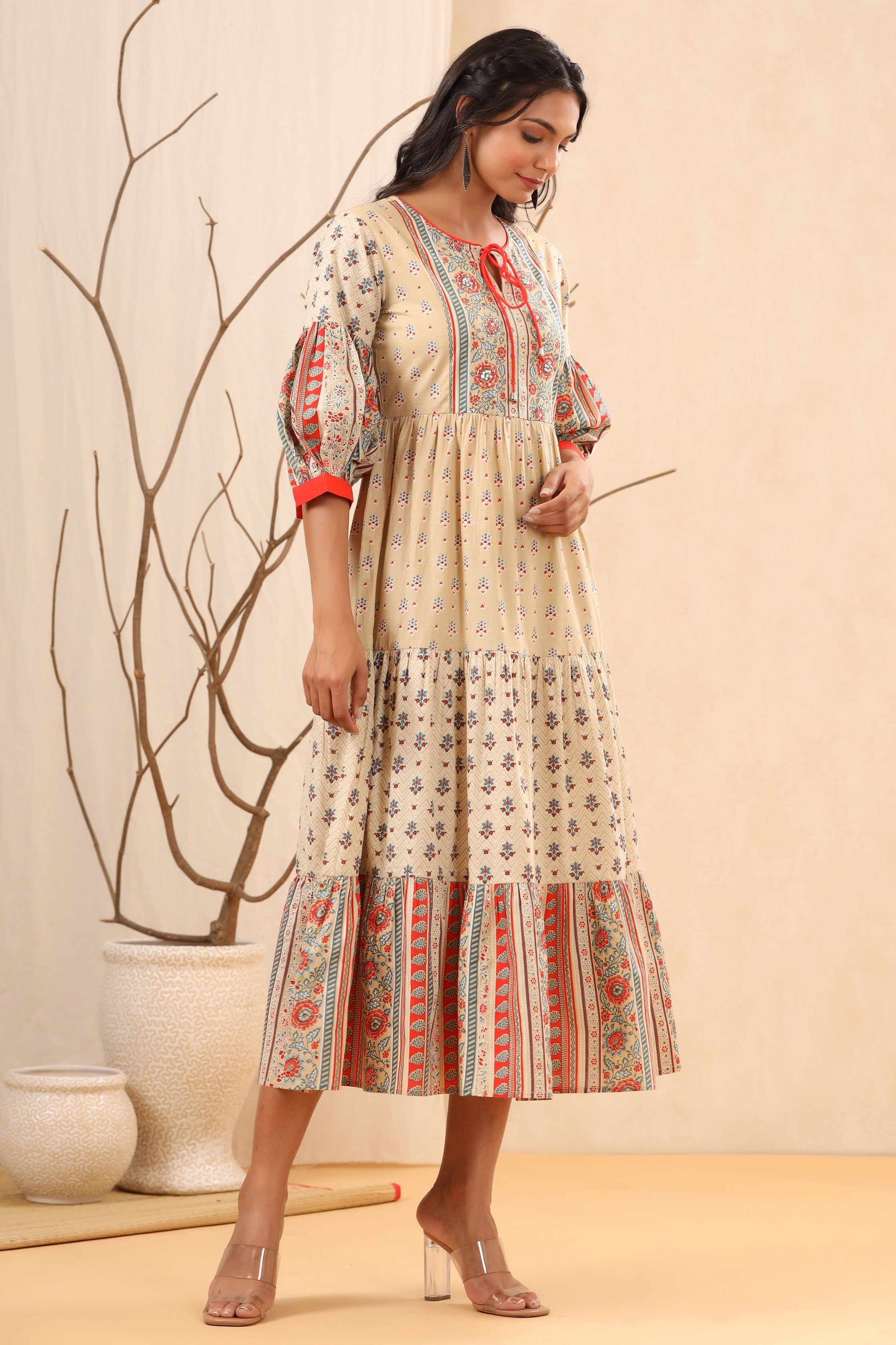Juniper Women`s Beige Cambric Printed Tiered Dress