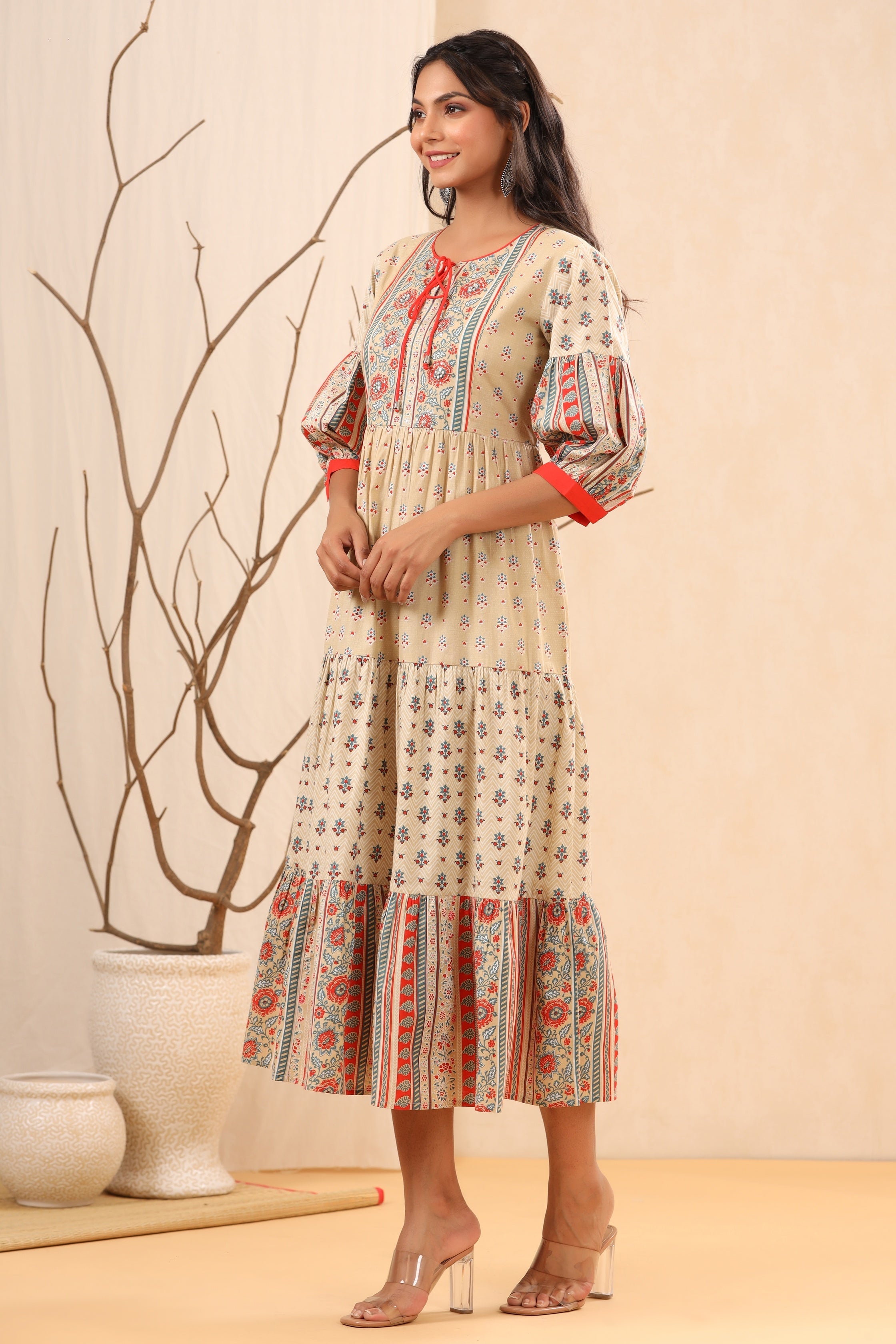 Juniper Women`s Beige Cambric Printed Tiered Dress