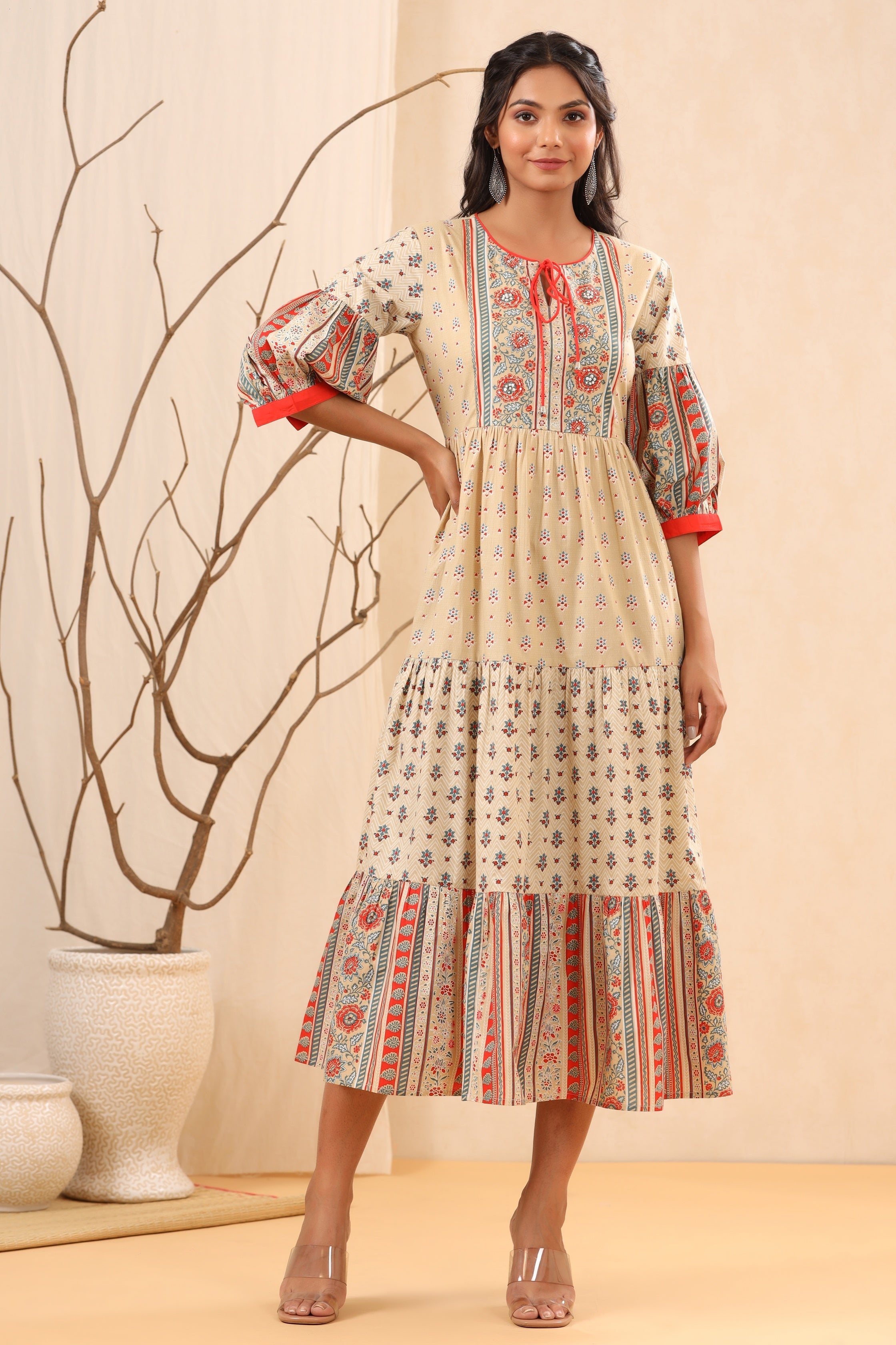 Juniper Women`s Beige Cambric Printed Tiered Dress