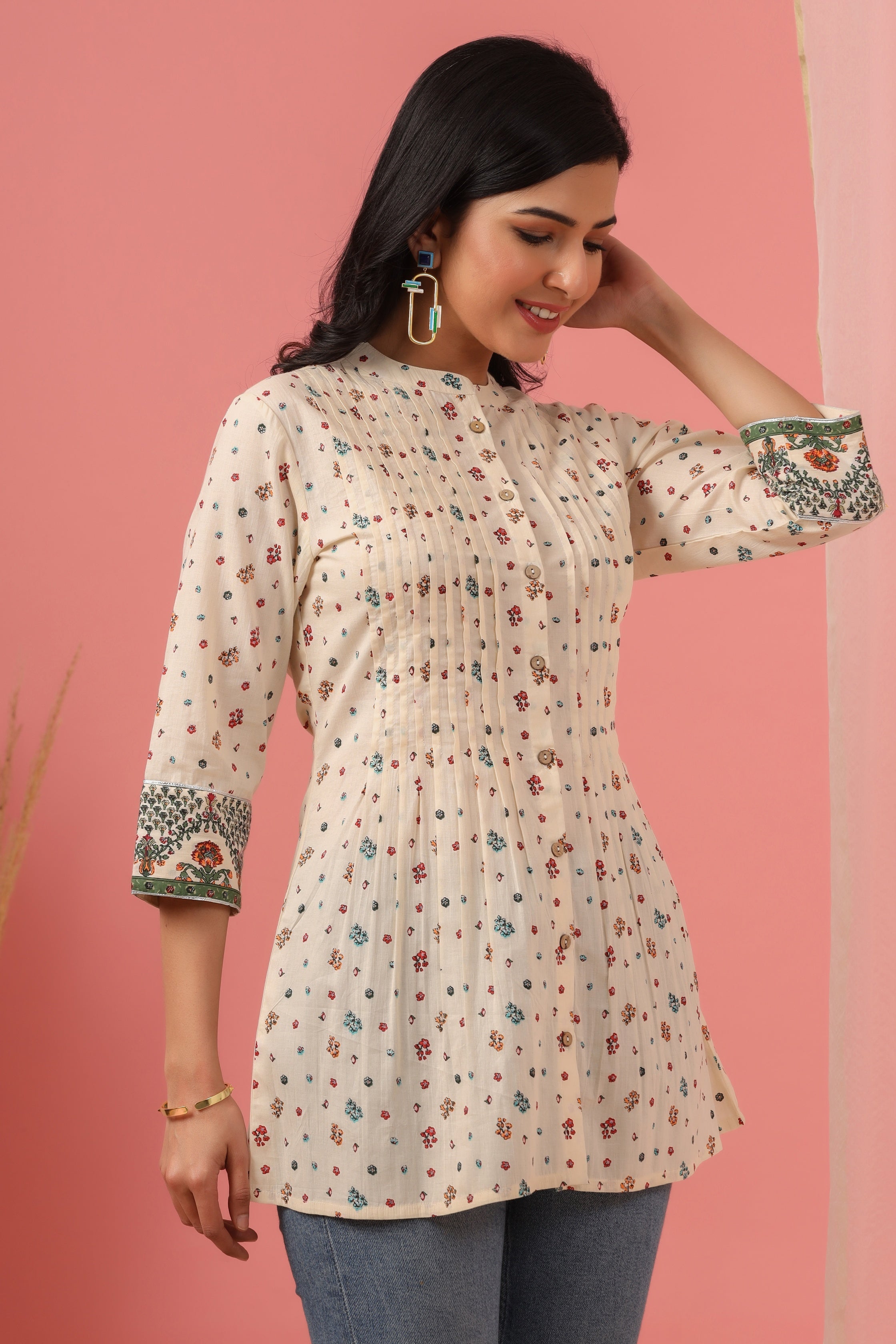 Juniper Ivory Floral Printed Pure Cotton A-Line Tunic.