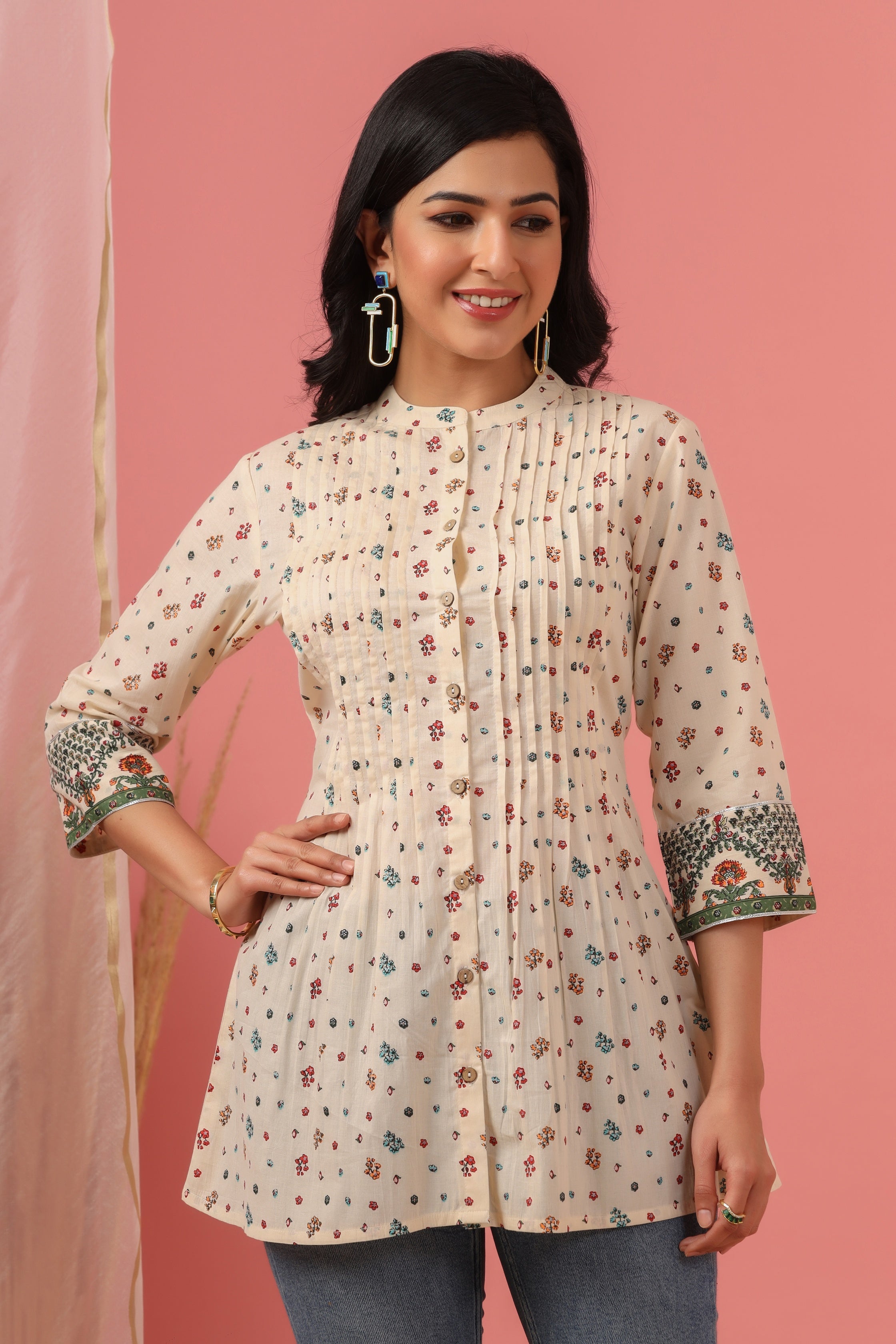 Juniper Ivory Floral Printed Pure Cotton A-Line Tunic.