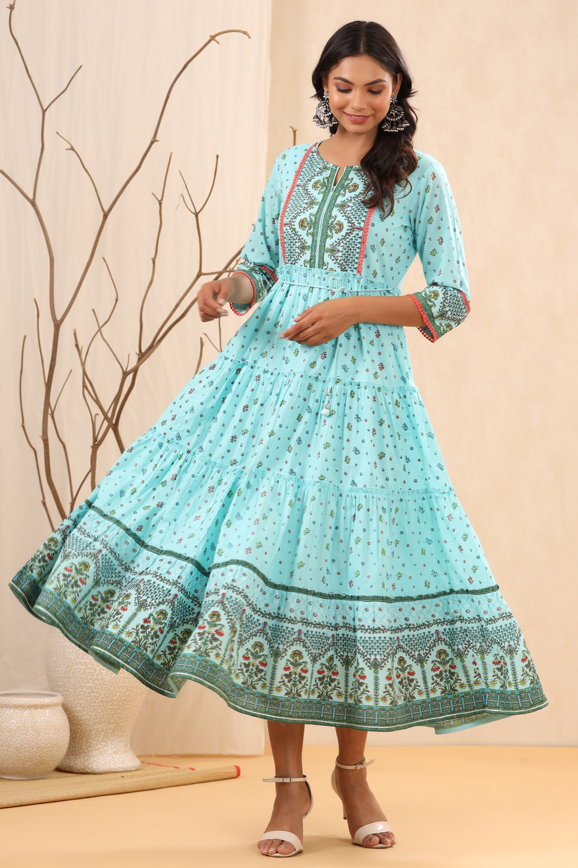 Juniper Women`s Skyblue Cambric Printed Tiered Dress