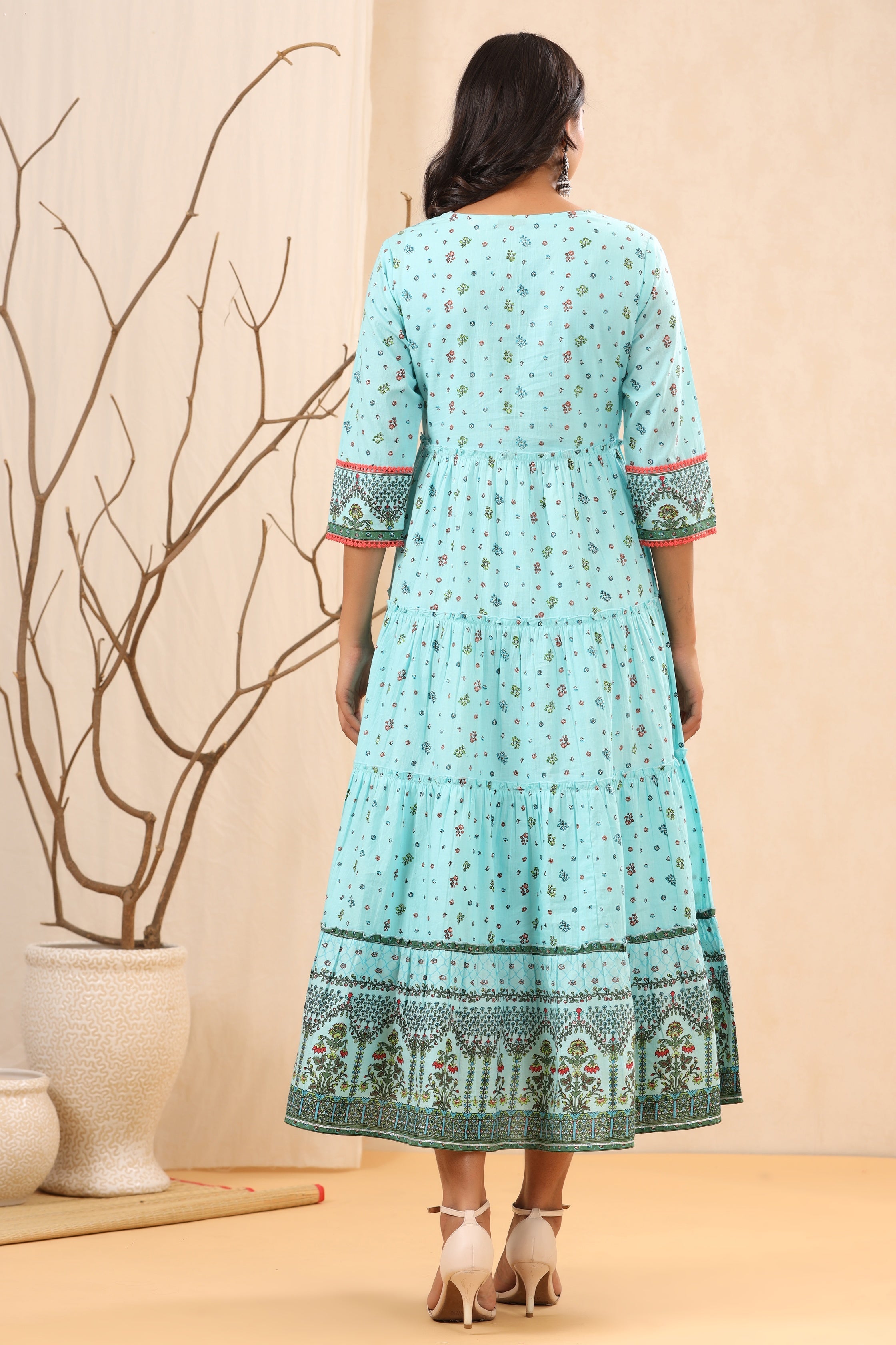 Juniper Women`s Skyblue Cambric Printed Tiered Dress