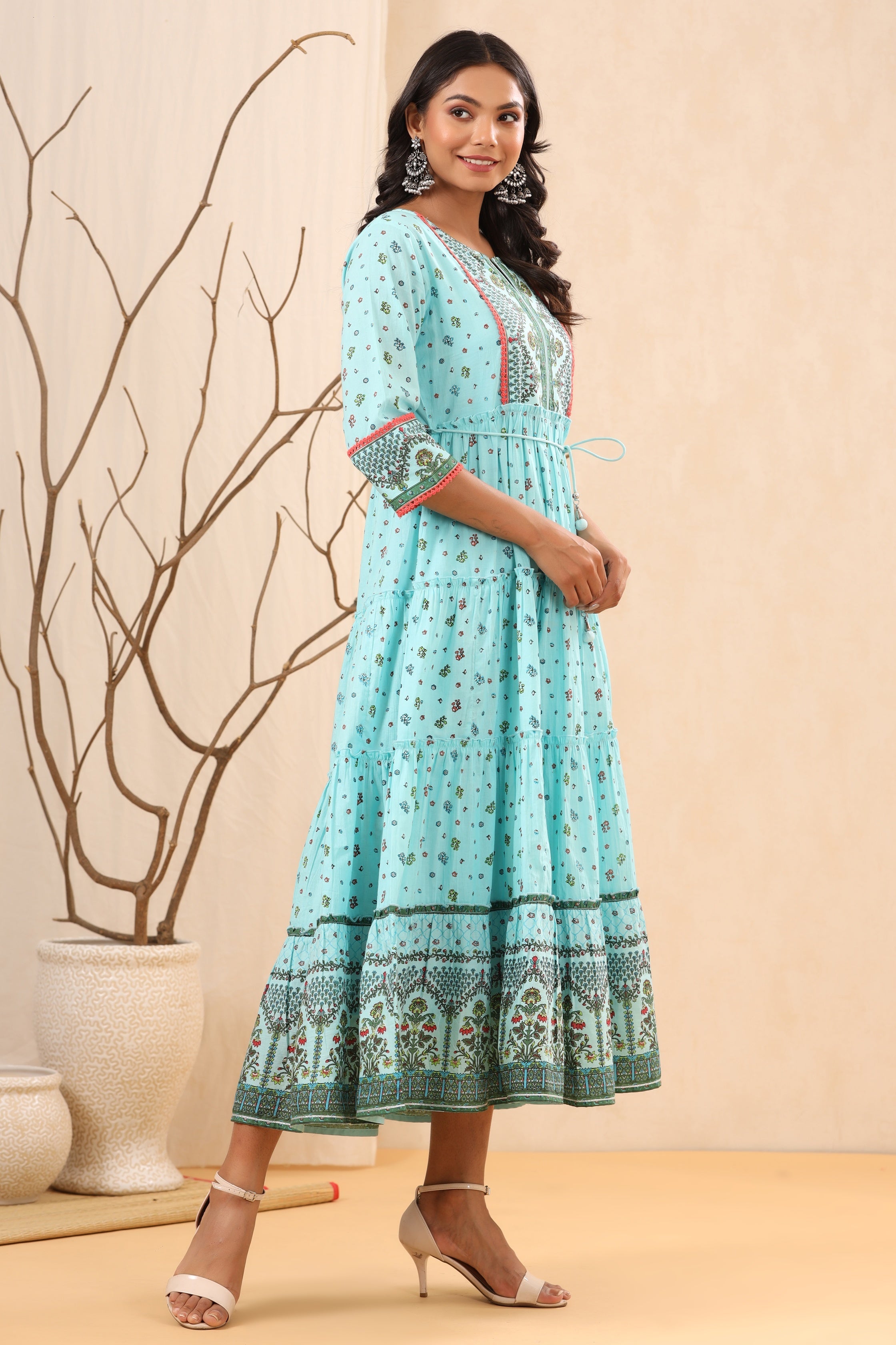 Juniper Women`s Skyblue Cambric Printed Tiered Dress