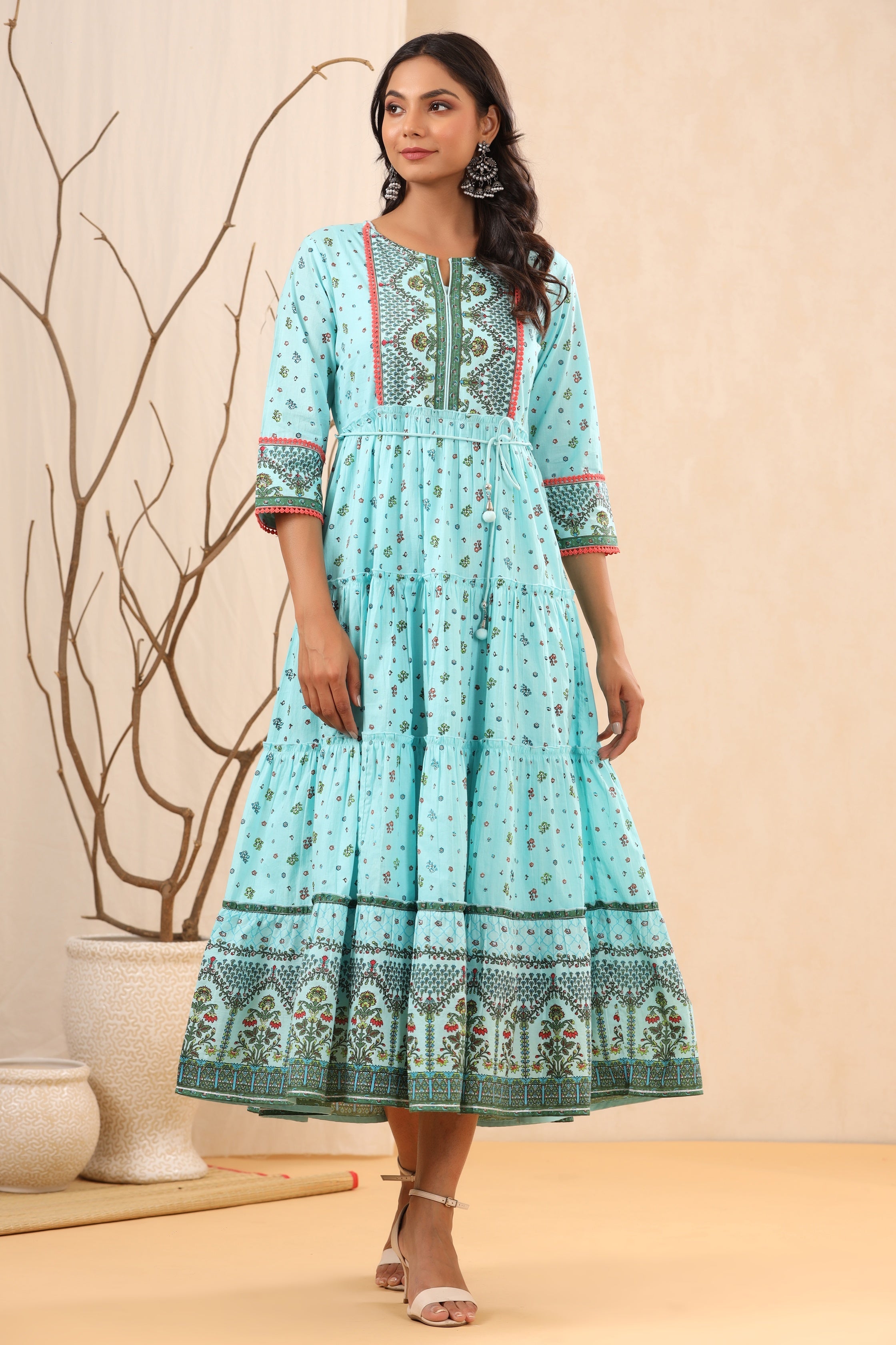Juniper Women`s Skyblue Cambric Printed Tiered Dress