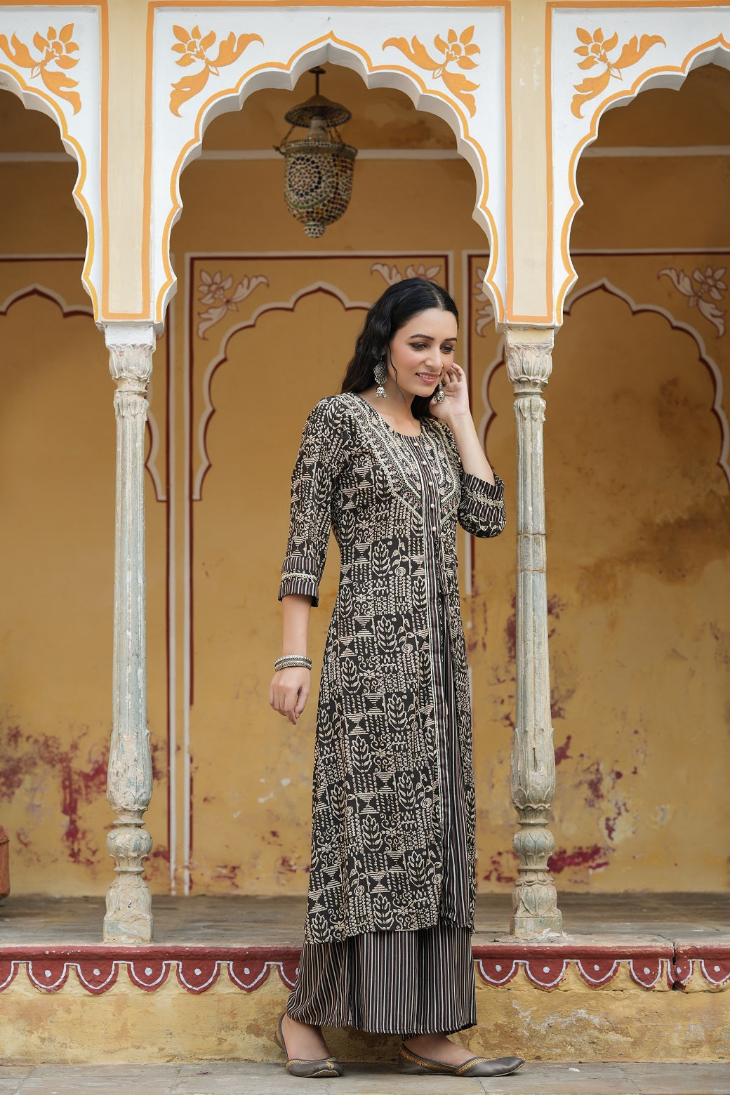 Juniper Women`s Black LIVA Embroidered & Printed A-Line Kurta Sets